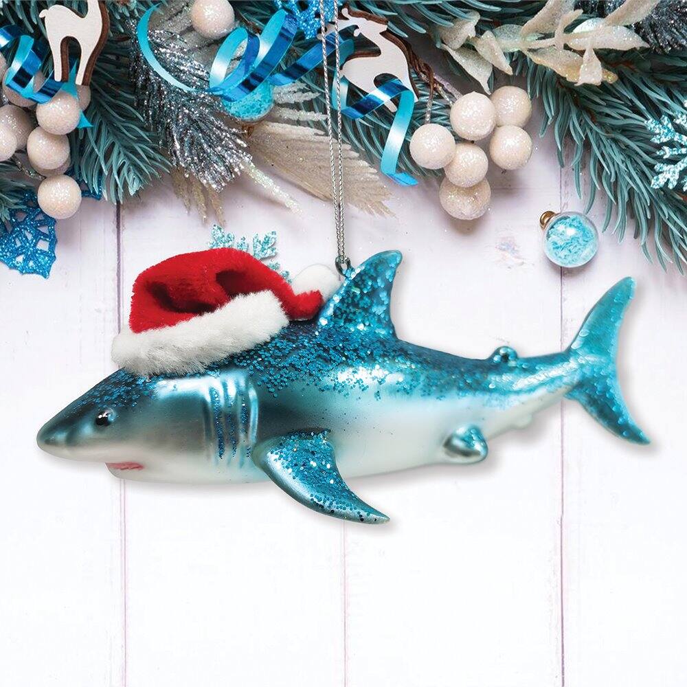 Left. OrnamentallyYou - Shark with Santa Hat Glass Christmas Ornament - Multi-colored.