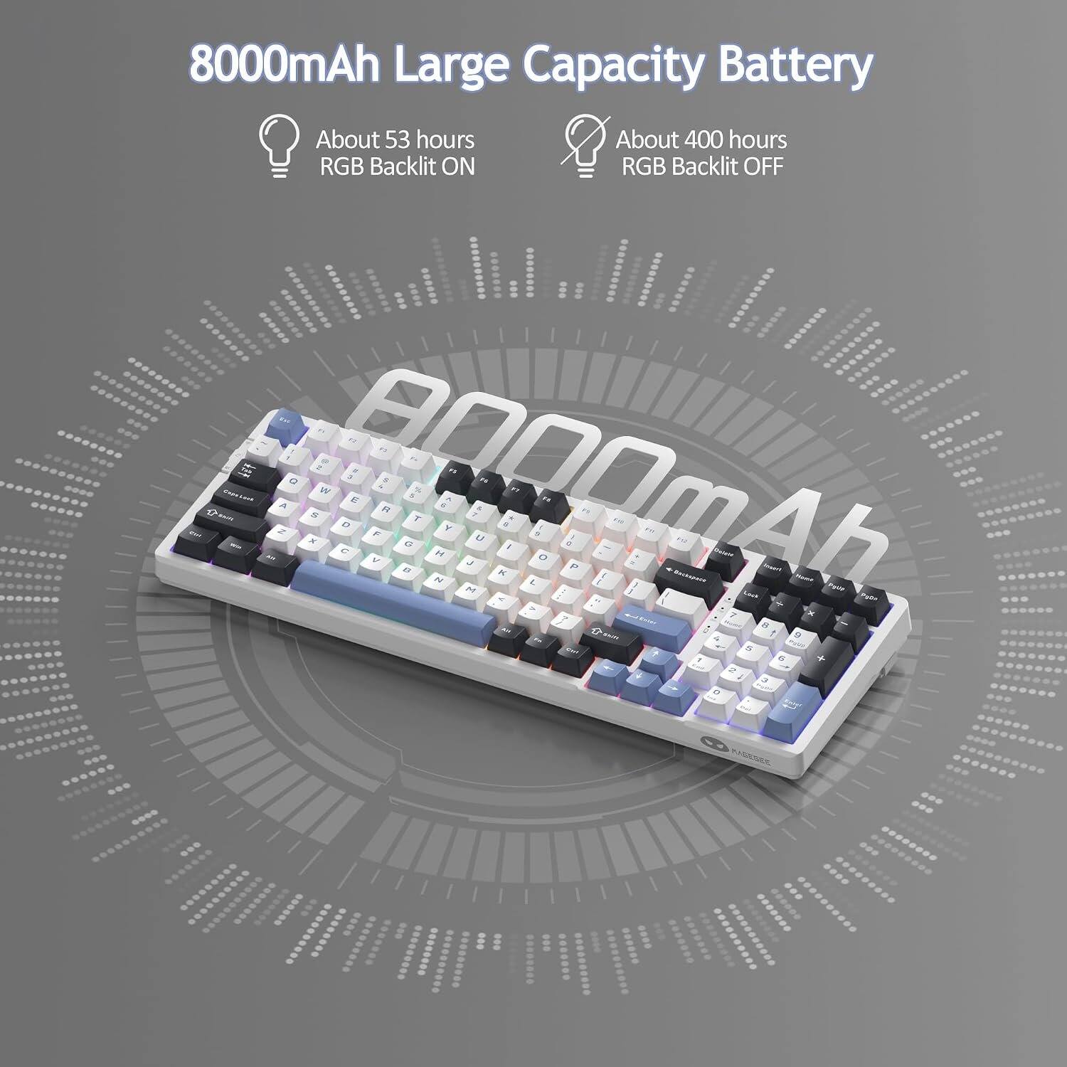 8000mAh Large Capacity Battery

About 53 hours RGB Backlit ON

About 400 hours RGB Backlit OFF