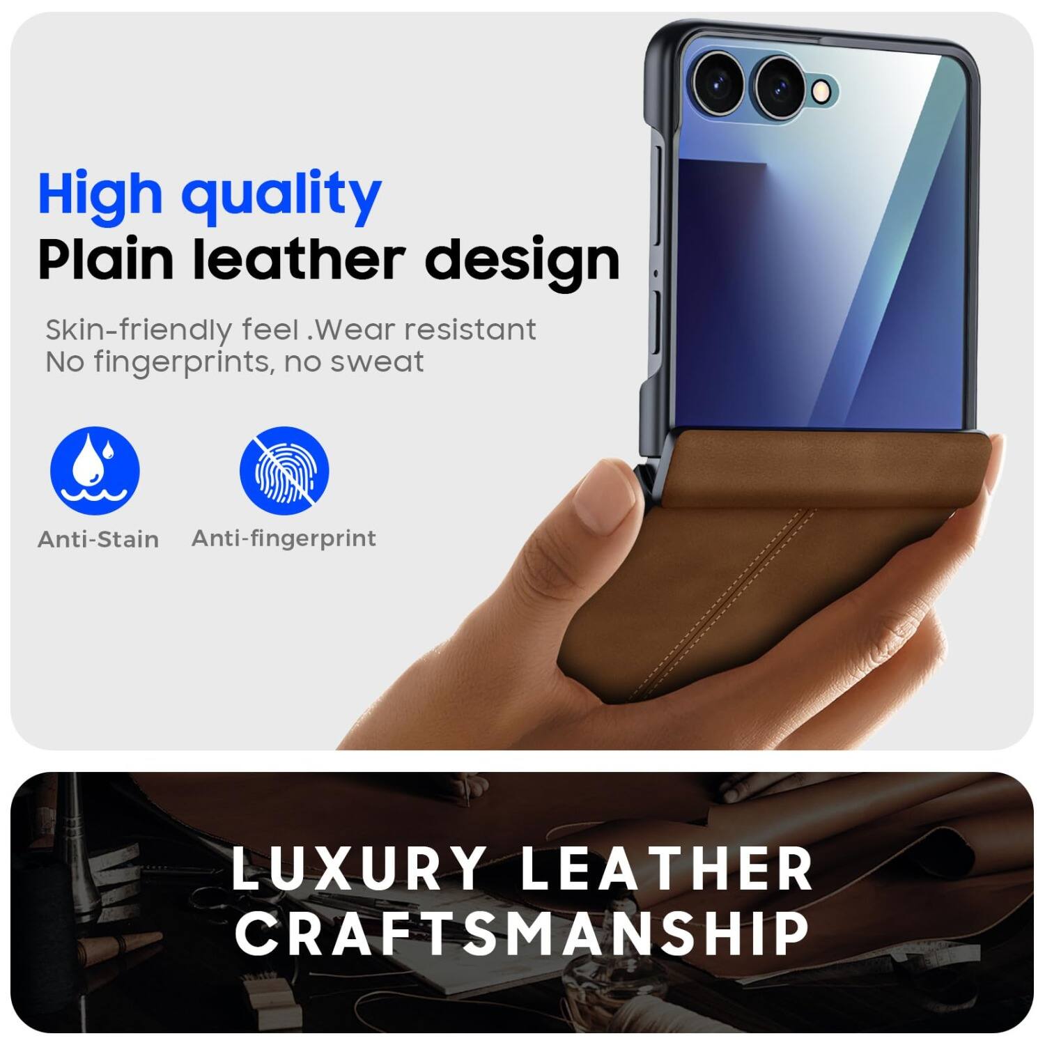 High quality Plain leather design  
Skin-friendly feel. Wear resistant  
No fingerprints, no sweat  
Anti-Stain  
Anti-fingerprint  
LUXURY LEATHER CRAFTSMANSHIP