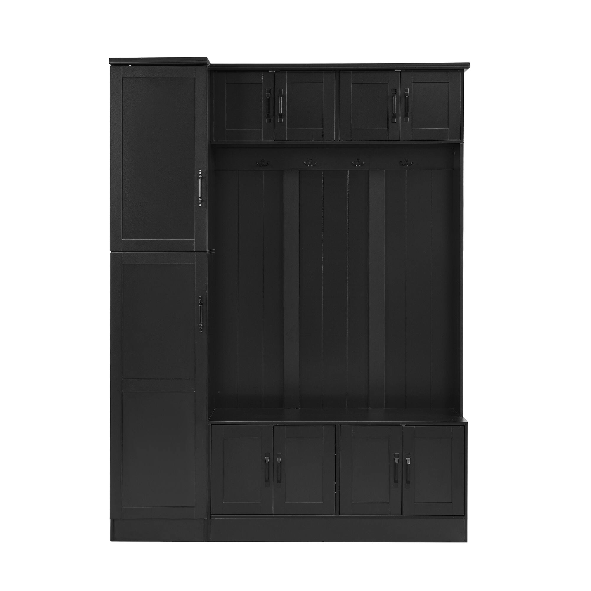 Back. Whisen - Modern Hall Tree with Shoe Storage, 4-in-1 Entryway Bench with 6 Cabinets and 4 Hooks - Black.