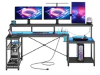 Bestier - L-Shaped Gaming Desk with Power Outlets, LED Lighting and Monitor Stand - Black - Front_Zoom