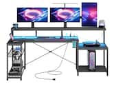 Bestier - L-Shaped Gaming Desk with Power Outlets, LED Lighting and Monitor Stand - Black