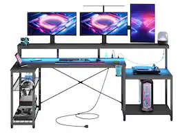 Bestier - L-Shaped Gaming Desk with Power Outlets, LED Lighting and Monitor Stand - Black