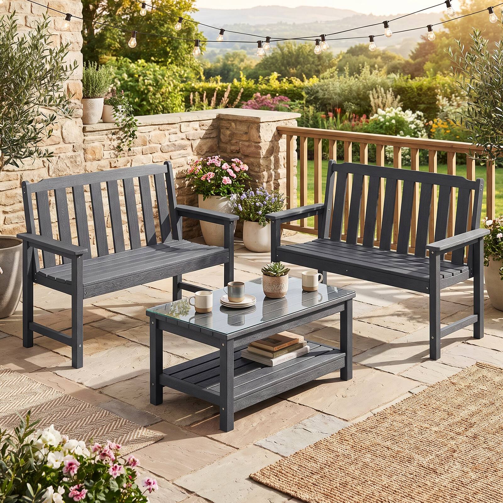 Alt View 4. Gymax - Gymax 2-Person All Weather HDPE Outdoor Garden Bench w/Backrest & Armrests for Lawn Gray - Gray.
