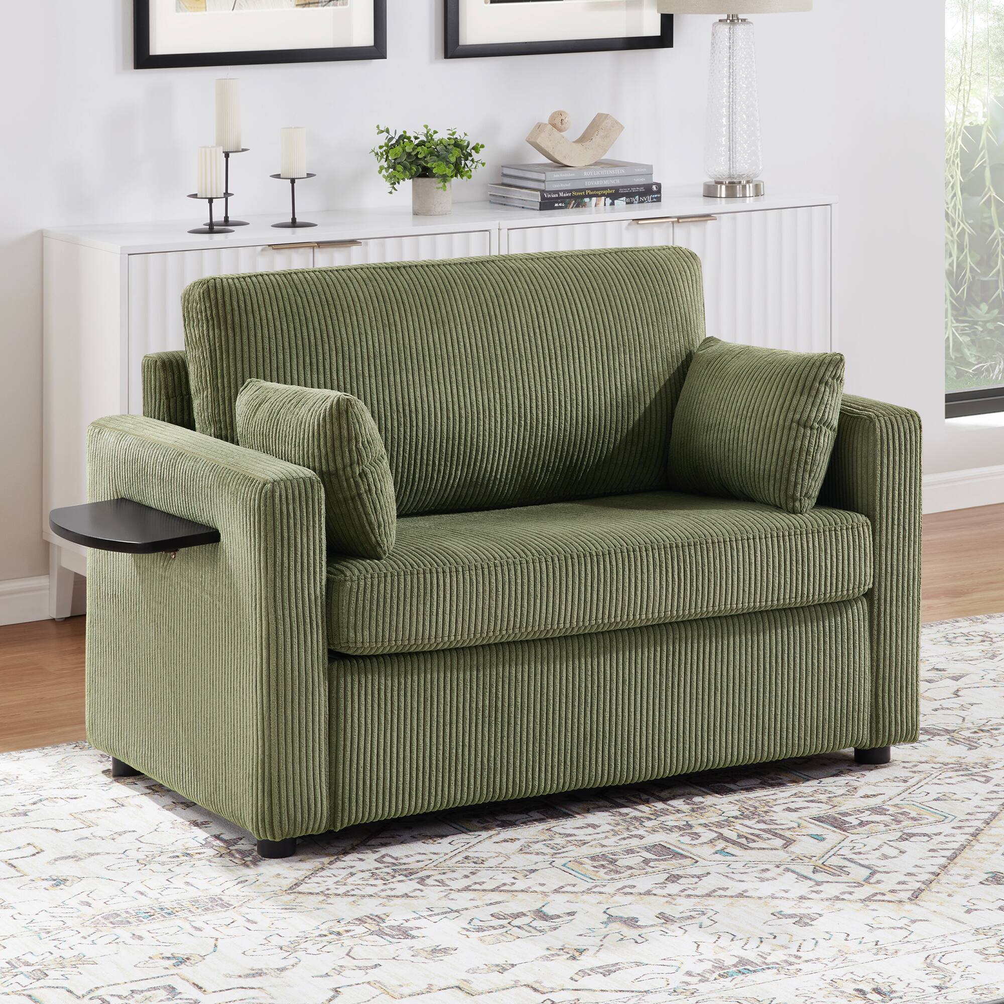 Alt View 5. Tiramisubest - Twin Size Sofa Bed Loveseat Sofa with Foldable Mattress,Side Table,Storage Pocket and USB Ports for Living Room,Green - Green.