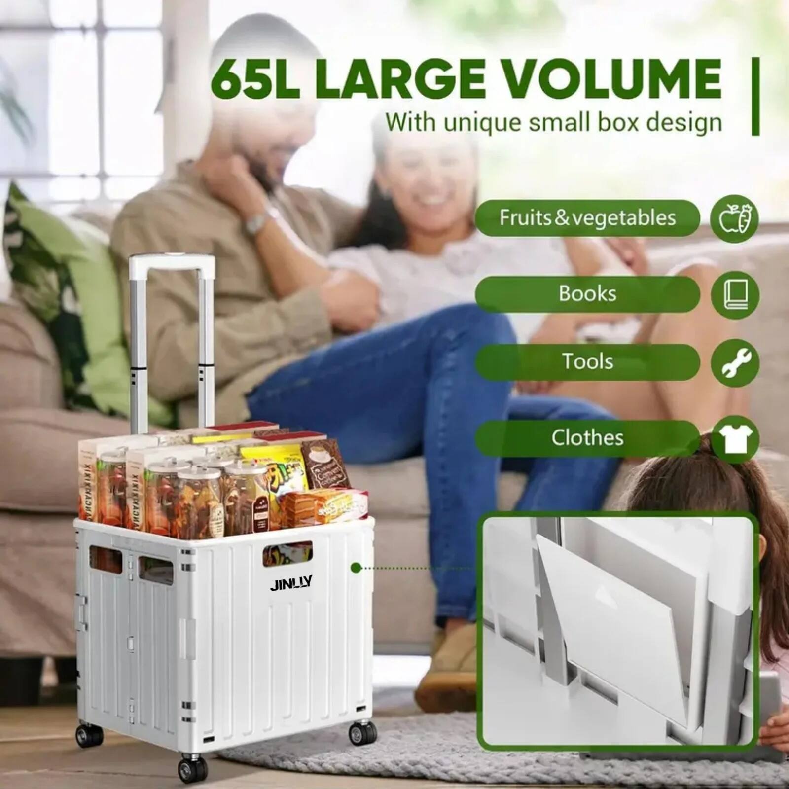 65L LARGE VOLUME  
With unique small box design  

Fruits & vegetables  
Books  
Tools  
Clothes  

JINLY