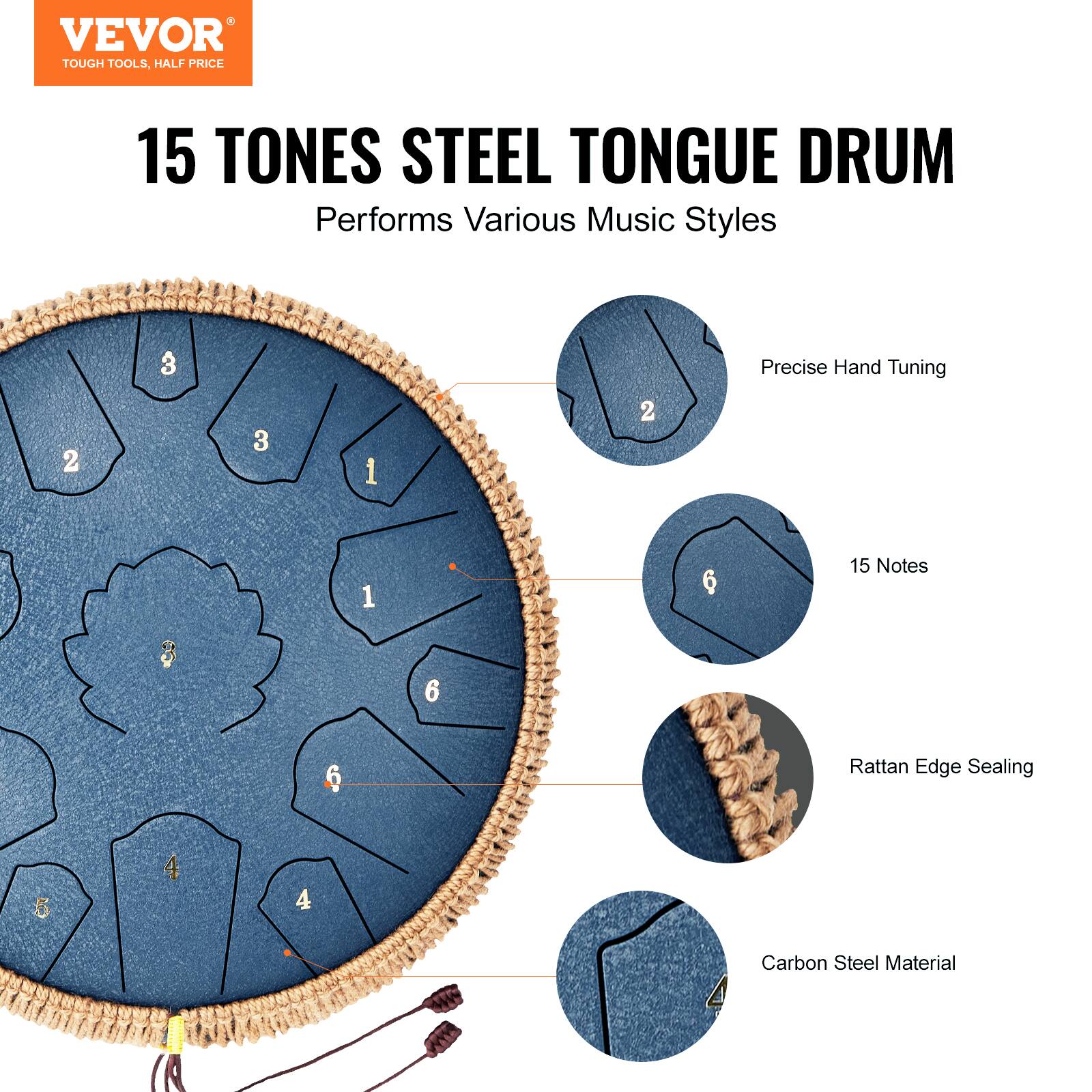 VEVOR  
TOUGH TOOLS, HALF PRICE  

15 TONES STEEL TONGUE DRUM  
Performs Various Music Styles  

- Precise Hand Tuning  
- 15 Notes  
- Rattan Edge Sealing  
- Carbon Steel Material