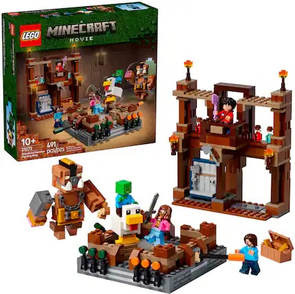 The text on the image reads: "I am Minecraft Lego Movie. I have 10+ pieces. The set is 21272. It is a 491 piece set. The box is open and the figures are displayed."