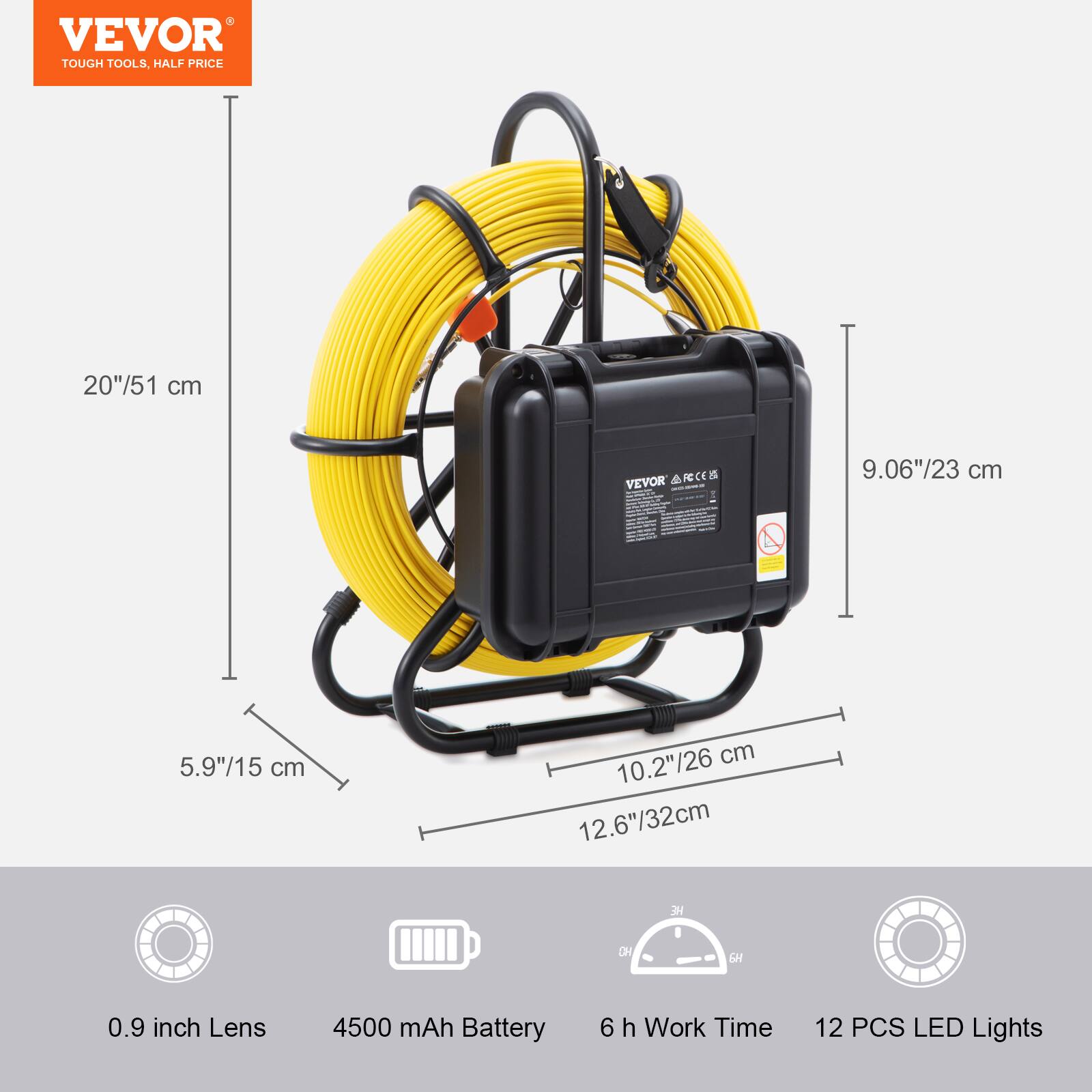 VEVOR TOUGH TOOLS, HALF PRICE

20"/51 cm
9.06"/23 cm
5.9"/15 cm
10.2"/26 cm
12.6"/32 cm

0.9 inch Lens
4500 mAh Battery
6 h Work Time
12 PCS LED Lights