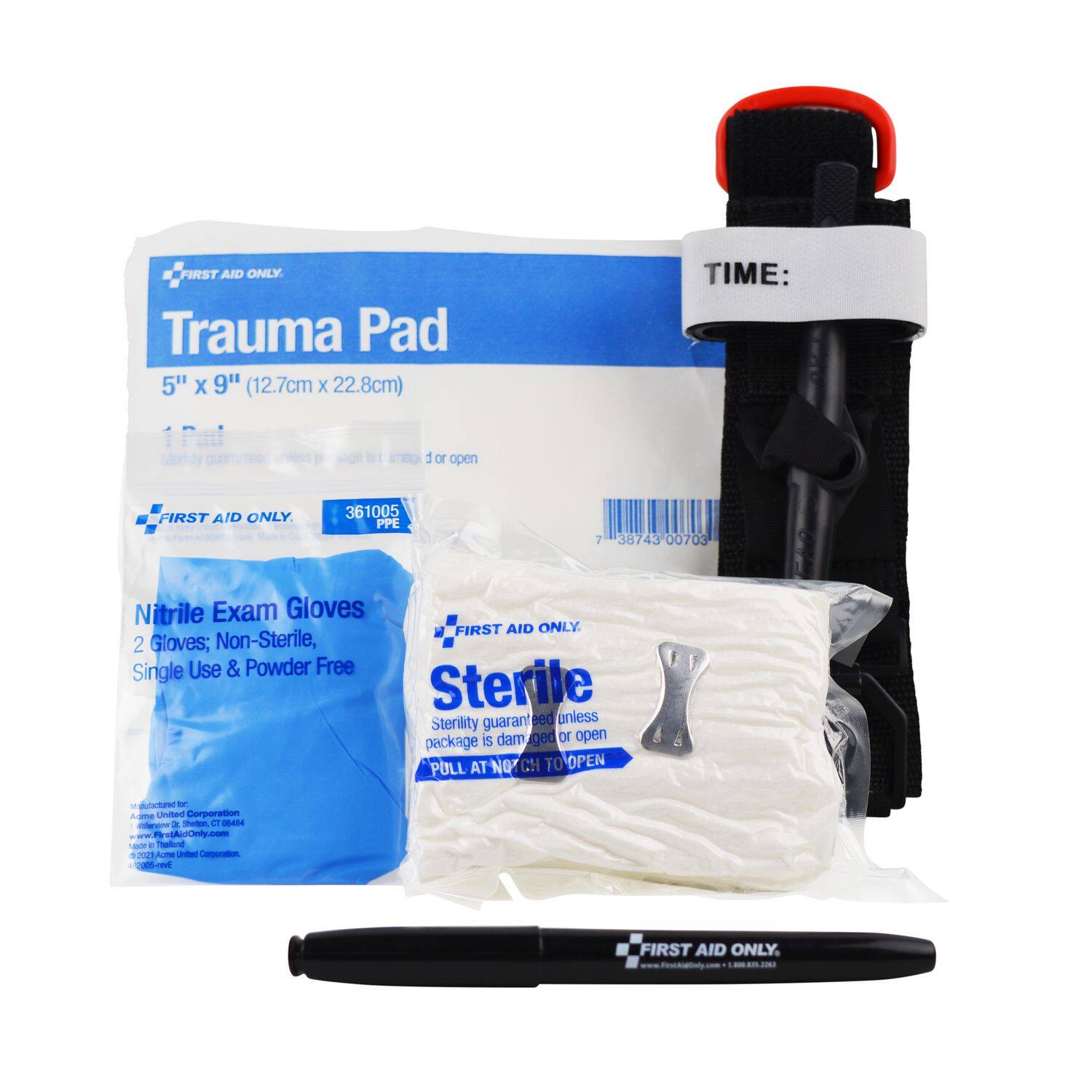 FIRST AID ONLY Trauma Pad 5" X 9" (12.7cm x 22.8cm)  
TIME: 1 or open FIRST AID ONLY.  
361005 PPE 7 38743 00703  
Nitrile Exam Gloves  
FIRST AID ONLY  
2 Gloves; Non-Sterile, Single Use & Powder Free  
Sterility guaranteed unless package is damaged or open  
PULL AT NOT CUT TO OPEN  
United Corporation - www.FirstAidOnly.com  
1-800-888-2333  
FIRST AID ONLY