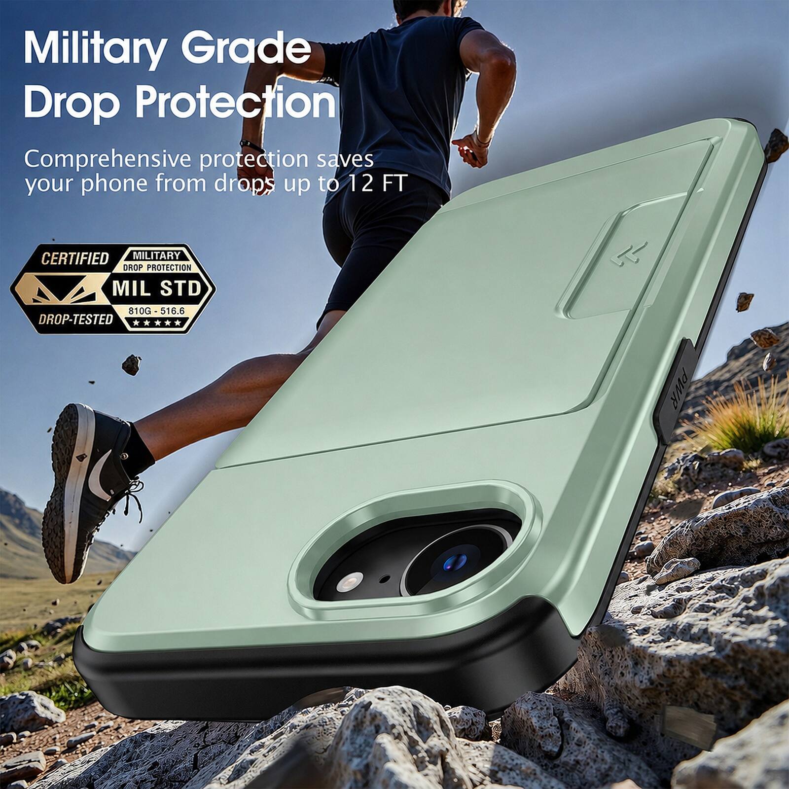 Military Grade Drop Protection  
Comprehensive protection saves your phone from drops up to 12 FT  

CERTIFIED MILITARY DROP PROTECTION  
MIL STD 810G - 516.6 DROP-TESTED