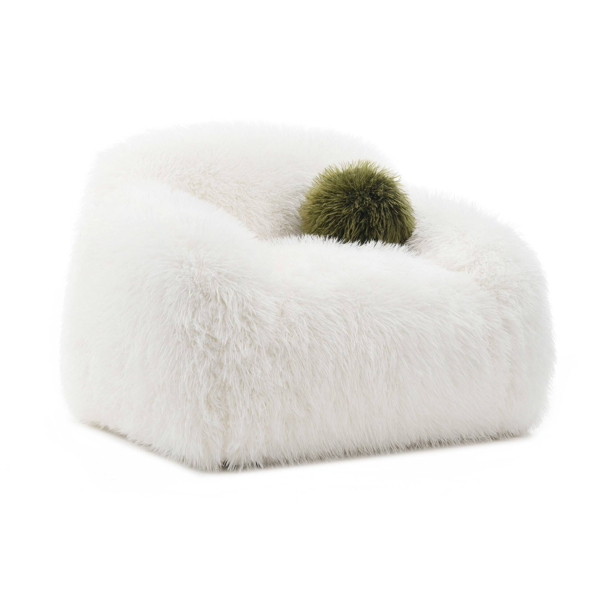 Back. Vaczon - Faux Fur 360° Swivel Accent Chair with Ball Pillows, Plush Shaggy Armchair for Living Room Bedroom - White.