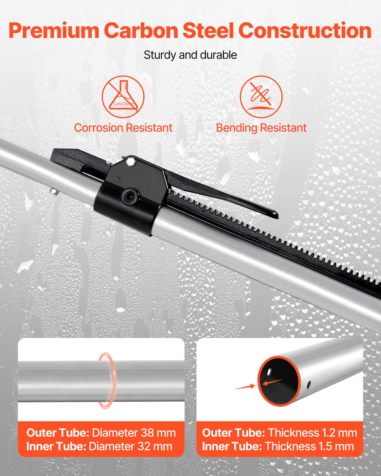 Premium Carbon Steel Construction  
Sturdy and durable  

Corrosion Resistant  
Bending Resistant  

Outer Tube: Diameter 38 mm  
Inner Tube: Diameter 32 mm  

Outer Tube: Thickness 1.2 mm  
Inner Tube: Thickness 1.5 mm