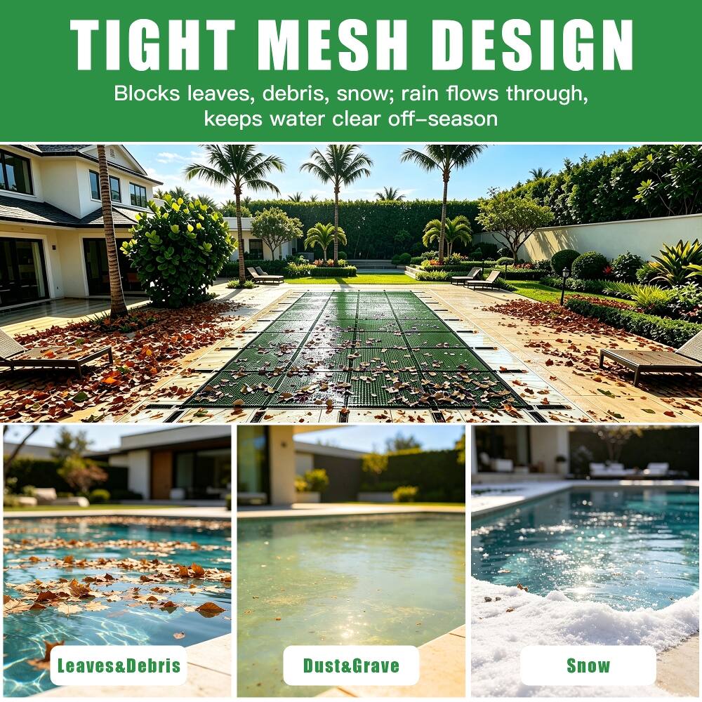 TIGHT MESH DESIGN  
Blocks leaves, debris, snow; rain flows through, keeps water clear off-season

Leaves&Debris  
Dust&Grave  
Snow