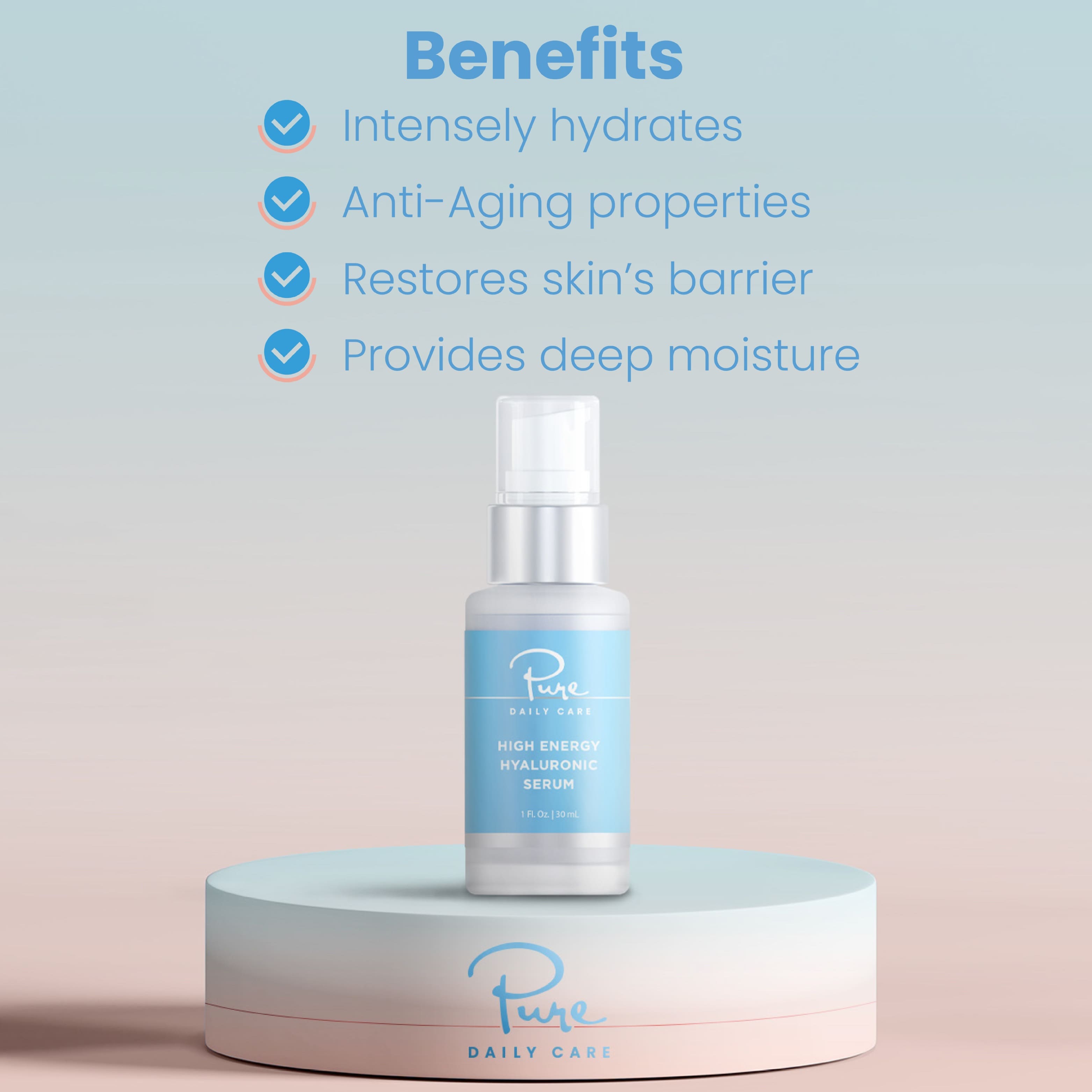 Benefits: Intensely hydrates, Anti-Aging properties, Restores skin's barrier, Provides deep moisture. Pure DAILY CARE HIGH ENERGY HYALURONIC SERUM - 30ml - 10 P.