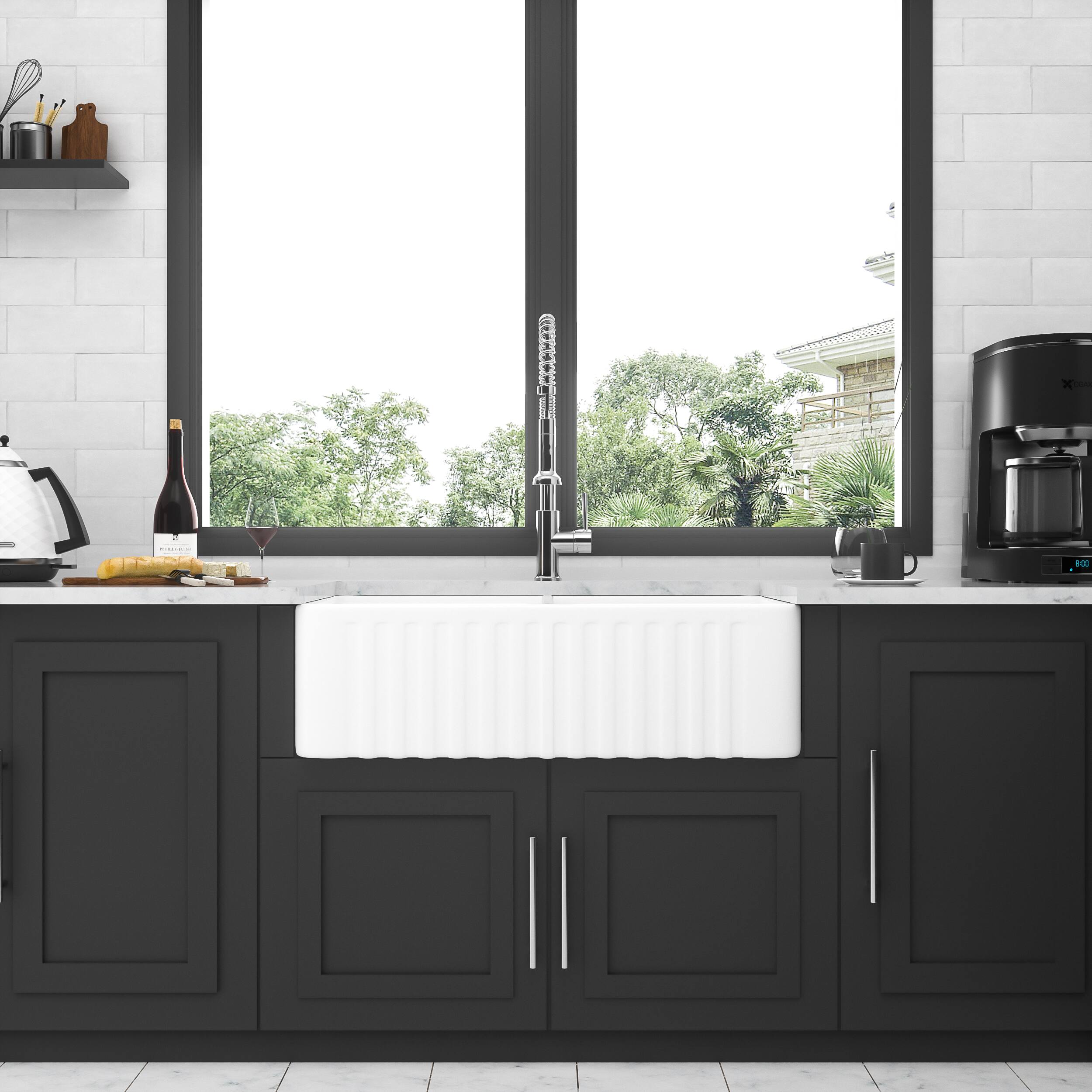 Left. Siljoy - White Farmhouse Sink - 33 x 18 x 10" Kitchen Sink Apron Front Double Bowl 50/50 Porcelain Ceramic Kitchen Farm Sink - White.