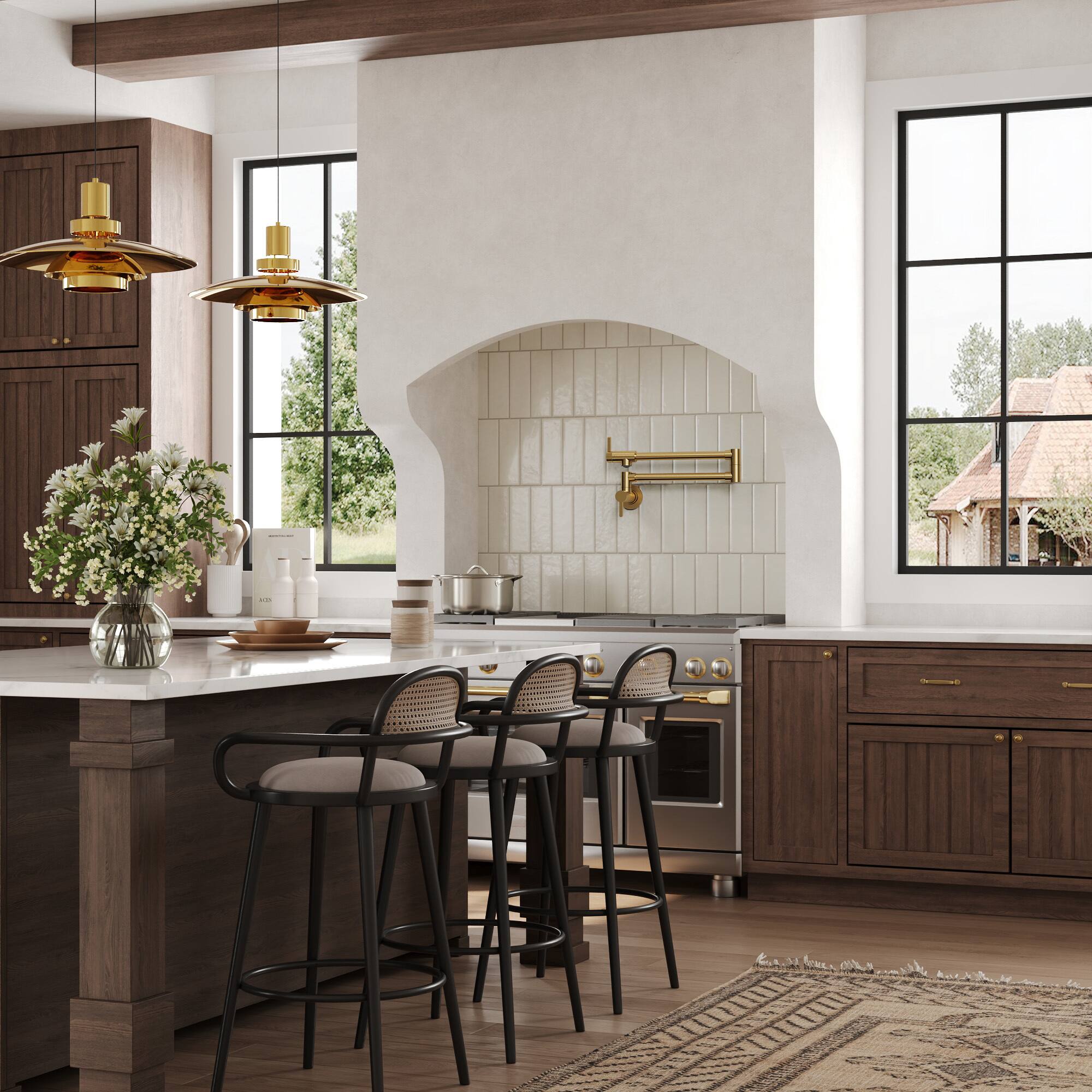 Left. GRANDJOY - Wall Mount Pot Filler Faucet, Dual Swing Joints Foldable Spout, Solid Brass for Kitchen Stove - Brushed Gold.