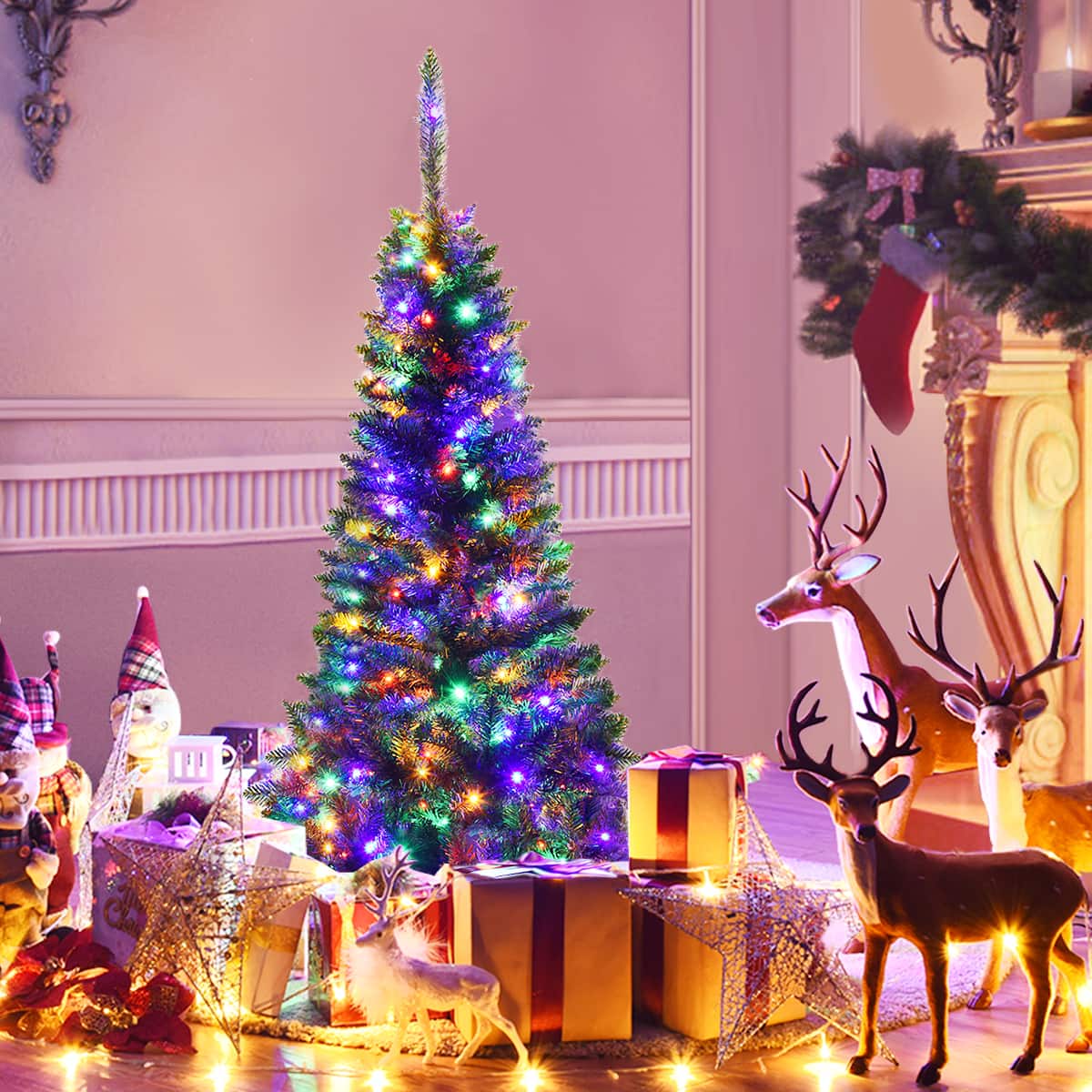 Front. Costway - 4.5ft Pre-Lit Hinged Fir Pencil Christmas Tree 150 Multicolor Light - Green.