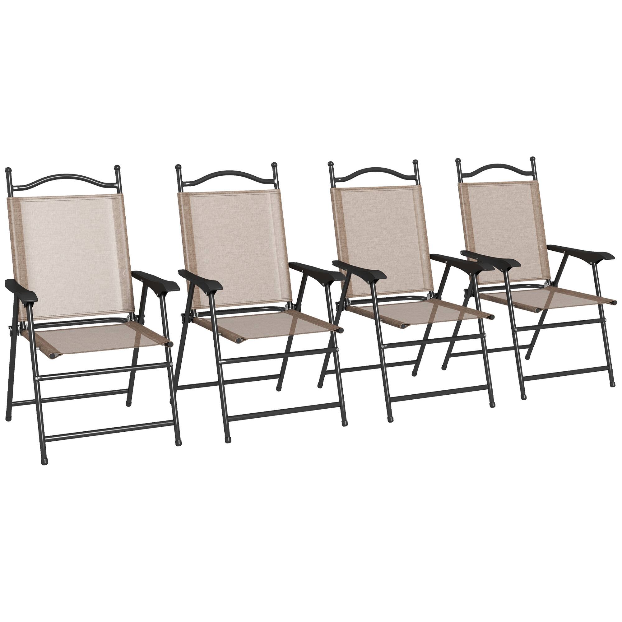 Front. Outsunny - Folding Patio Chairs, Set of 4 Sports Chairs for Adults, Camping Chairs with Armrests - Brown.