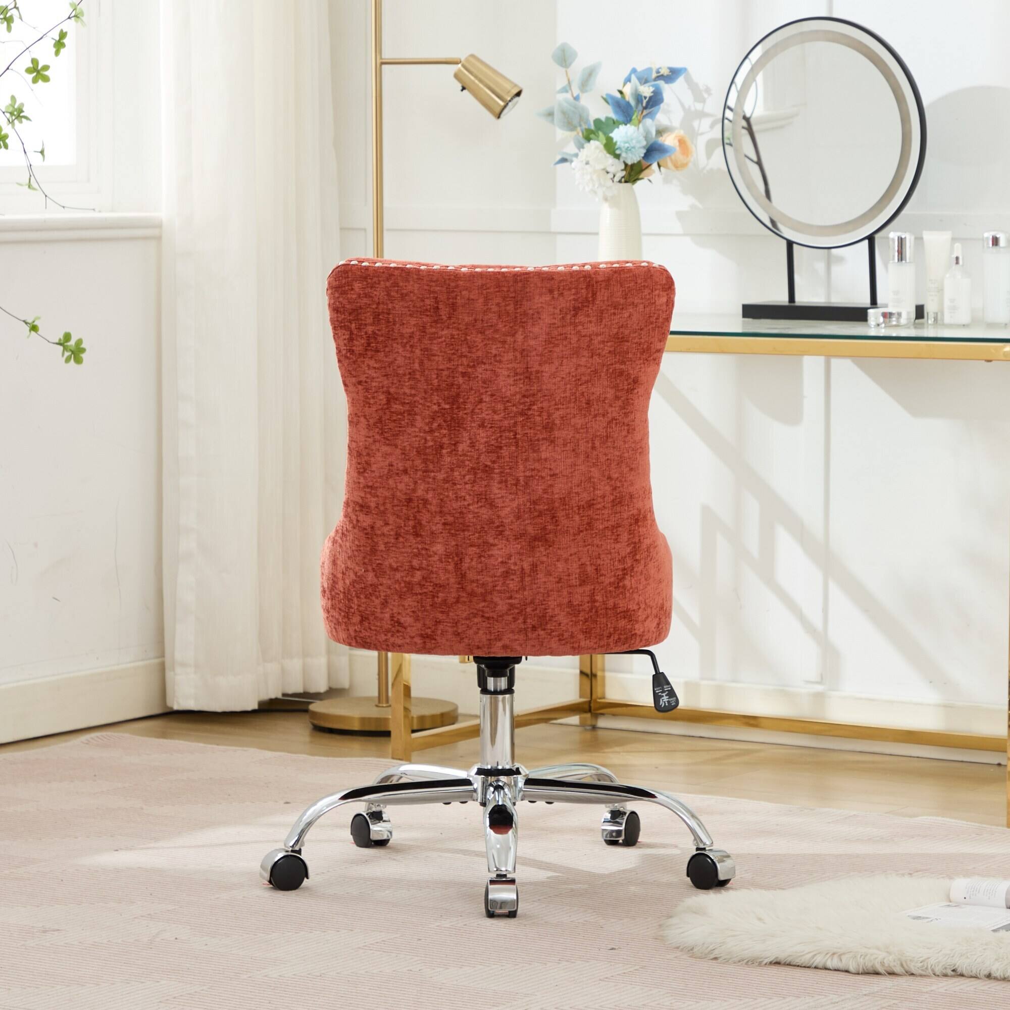 Alt View 2. Trinkets Crazed - Home Office Chair with Wheels & Silver Base,Chenille Fabric Makeup Vanity Chair with Tufted Back, Swivel Desk Chair - Orange.