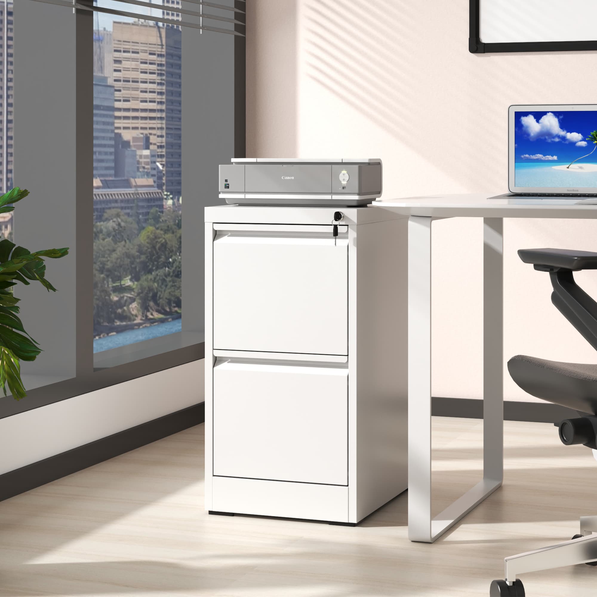 Back. Lycvki - 2 Drawer Metal Vertical File Cabinet with Lock for Office Home Fits A4 Legal Letter Size - white.
