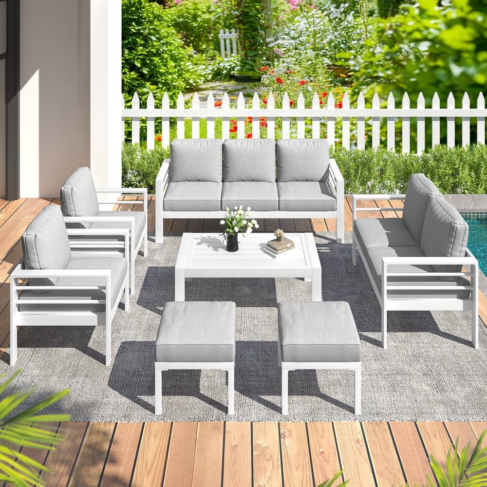 Left. Mondawe - 7-Piece Patio Seating Set with White Frame and Removable Cushions - White+Grey.