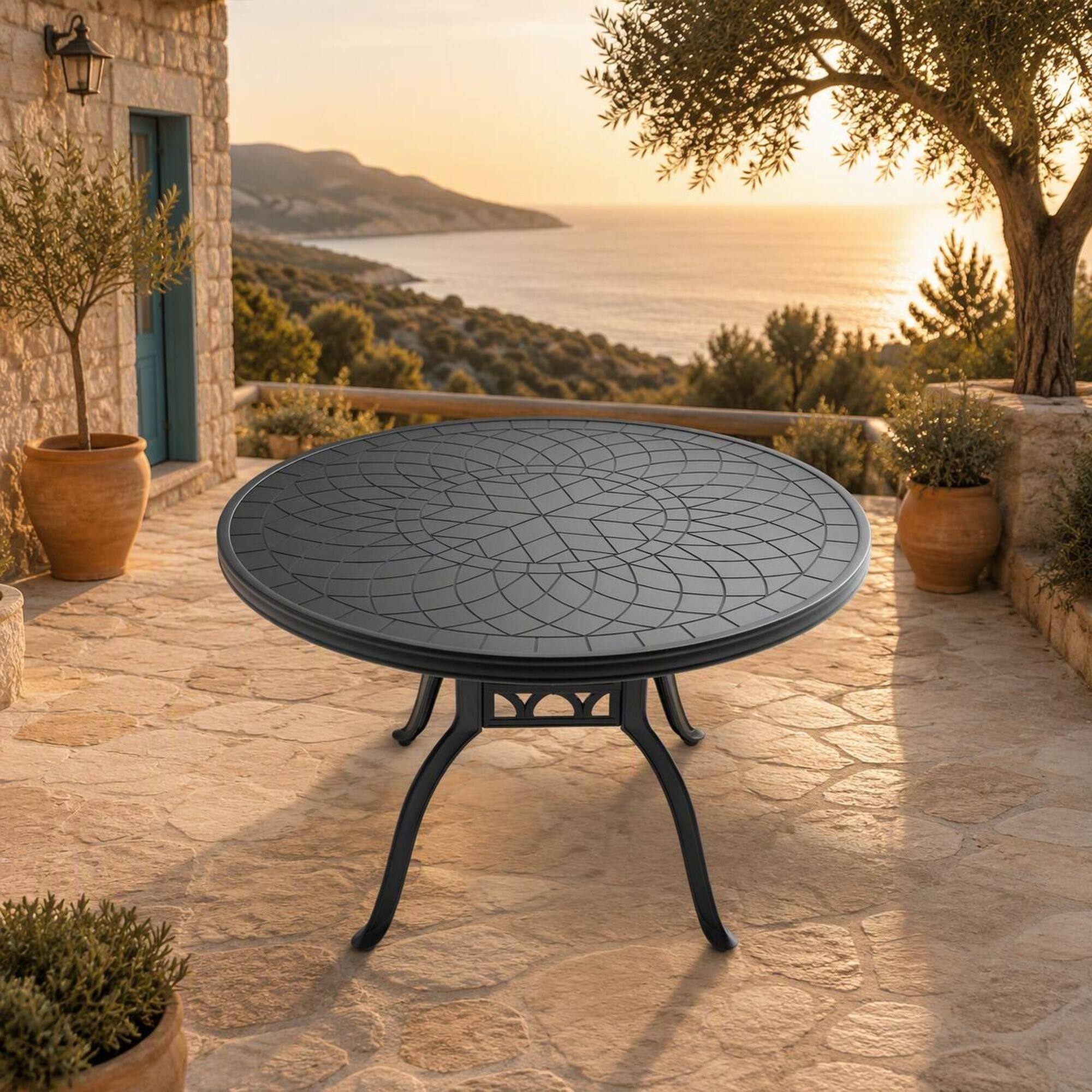Back. RYHNUYNE - Round Cast Aluminum Patio Dining Table 47.24", Black Outdoor Garden Bistro Furniture for Garden Deck Balcony - Black.