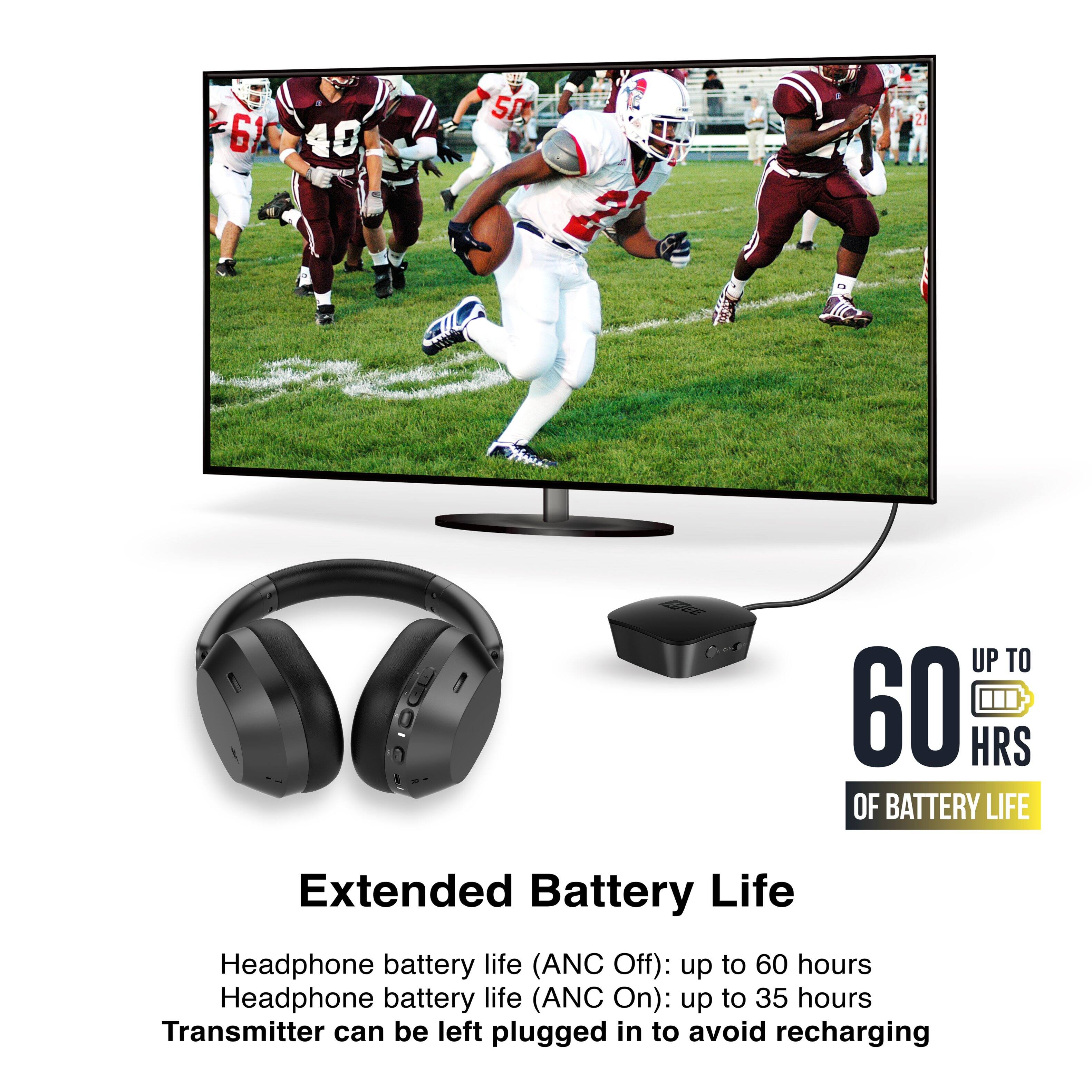 61 40 2 50 d UP TO 60 HRS OF BATTERY LIFE

Extended Battery Life
Headphone battery life (ANC Off): up to 60 hours
Headphone battery life (ANC On): up to 35 hours
Transmitter can be left plugged in to avoid recharging