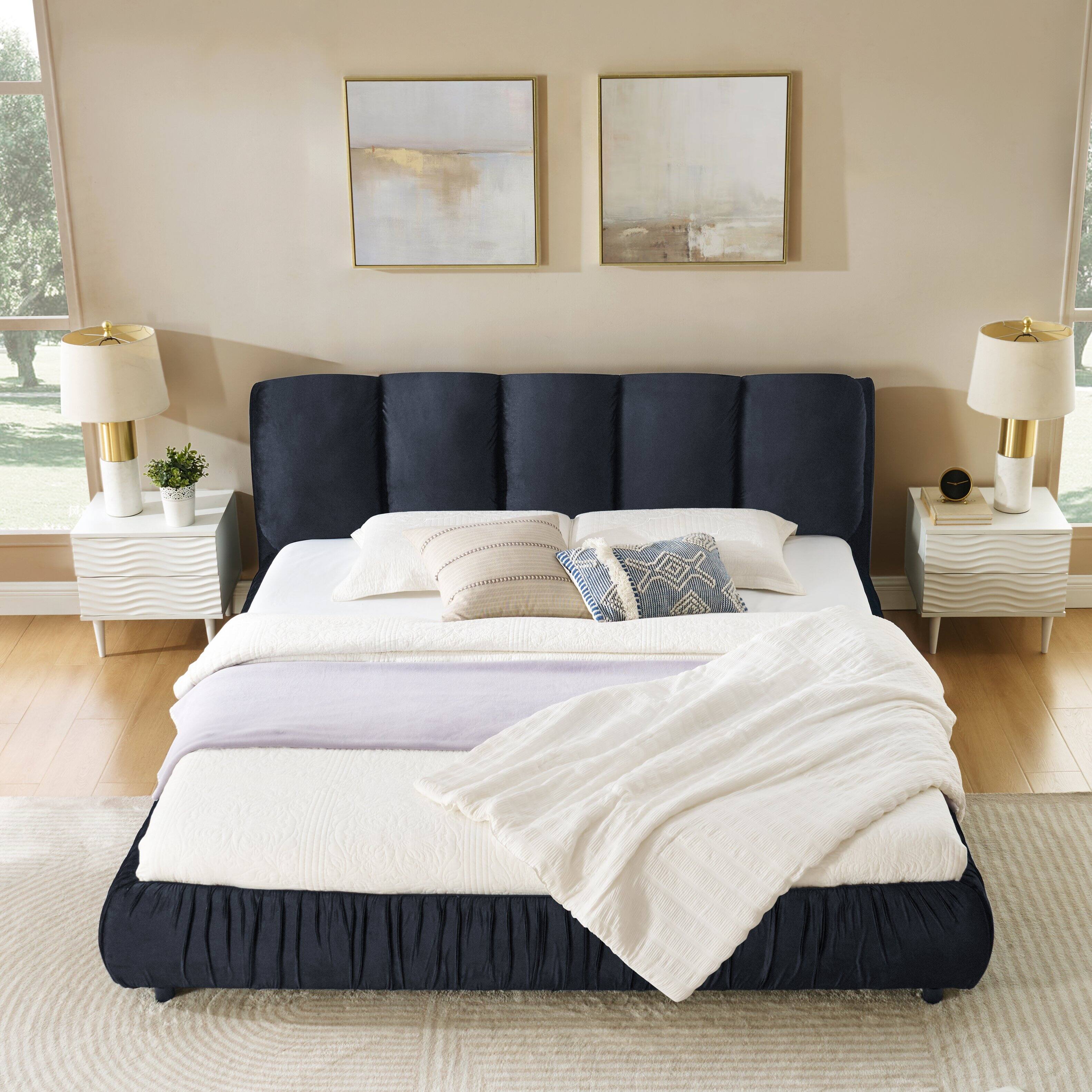 Angle. Whisen - Upholstered Platform Bed with Segmented Padded Headboard and Velvet Frame,Sturdy Support - Black.
