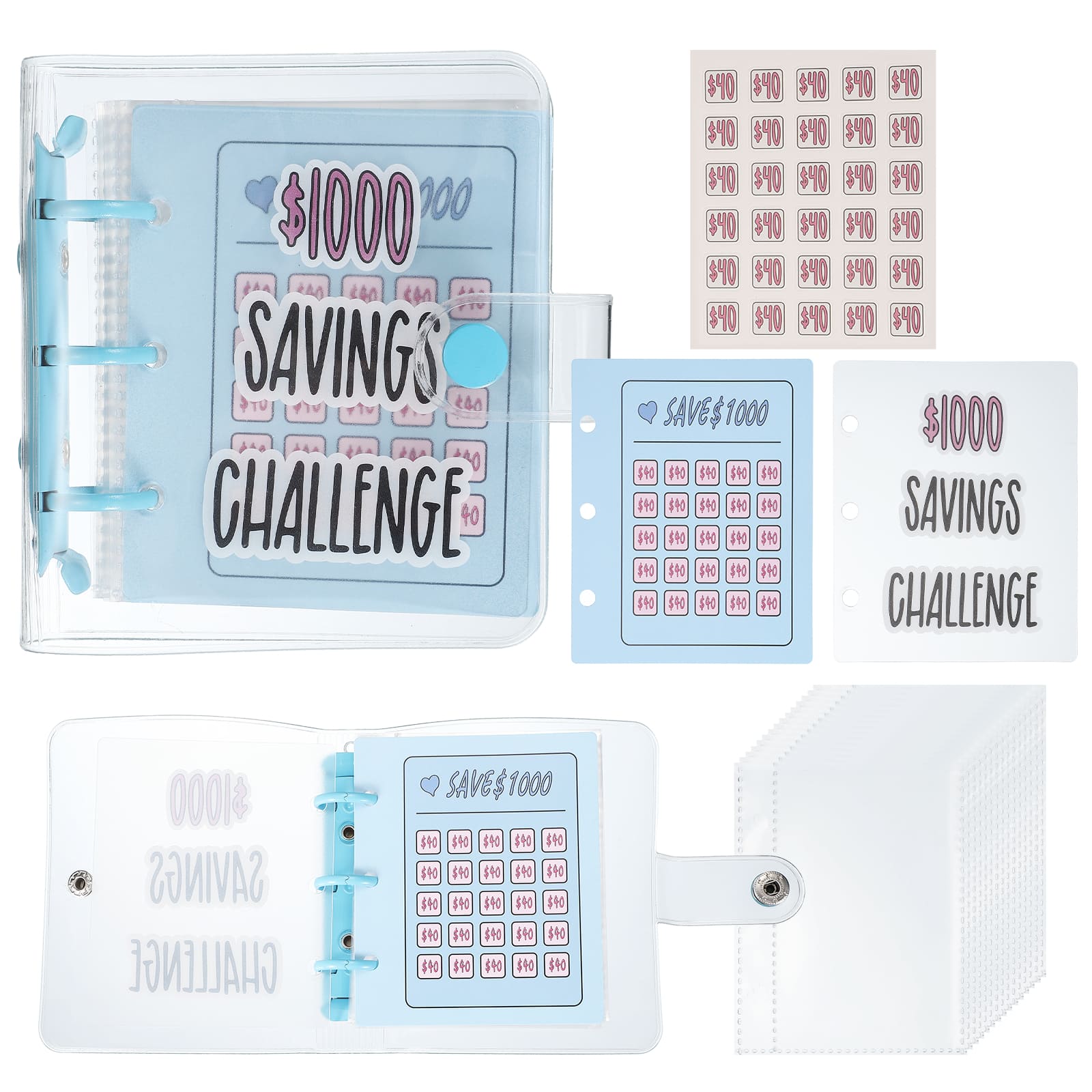 Unique Bargains - 1000 USD Savings Challenge Book, Money Saving Binder with 25 Reusable Envelopes for Budgeting & Financial Planning - Pure Blue