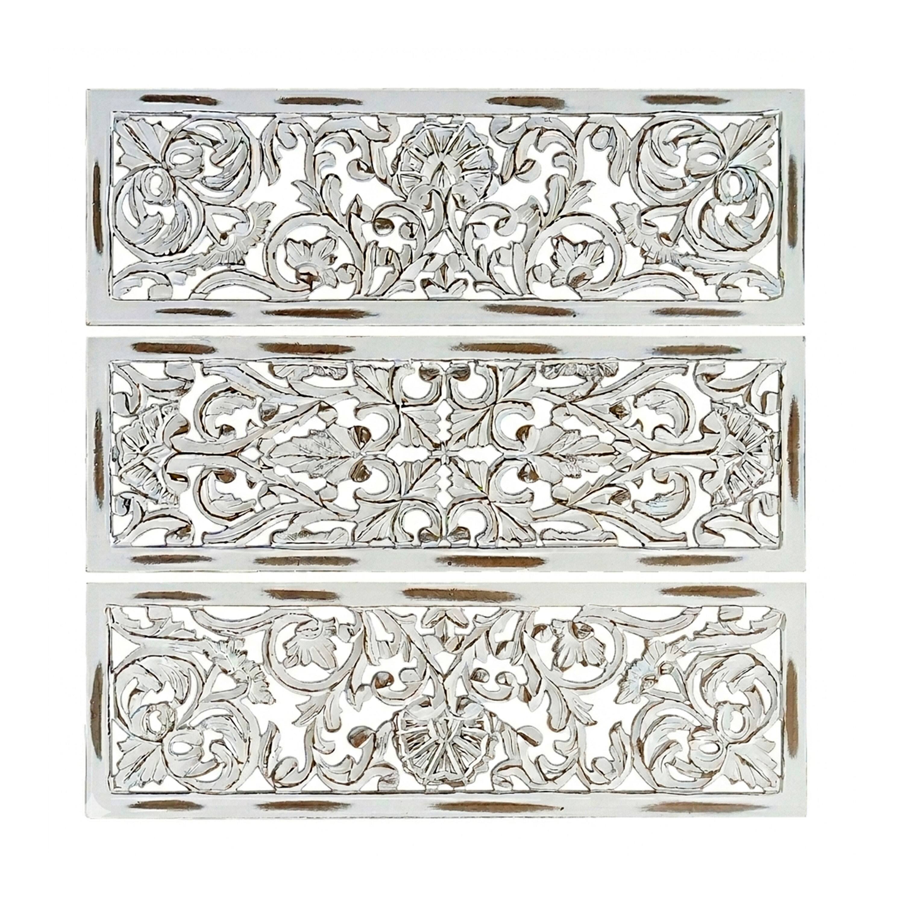 Back. Manhattan Lane - Leva 3pc Wood Wall Decor Set, Moroccan Floral Carving, Antique White Finish, 36 Inch Square - Antique White.