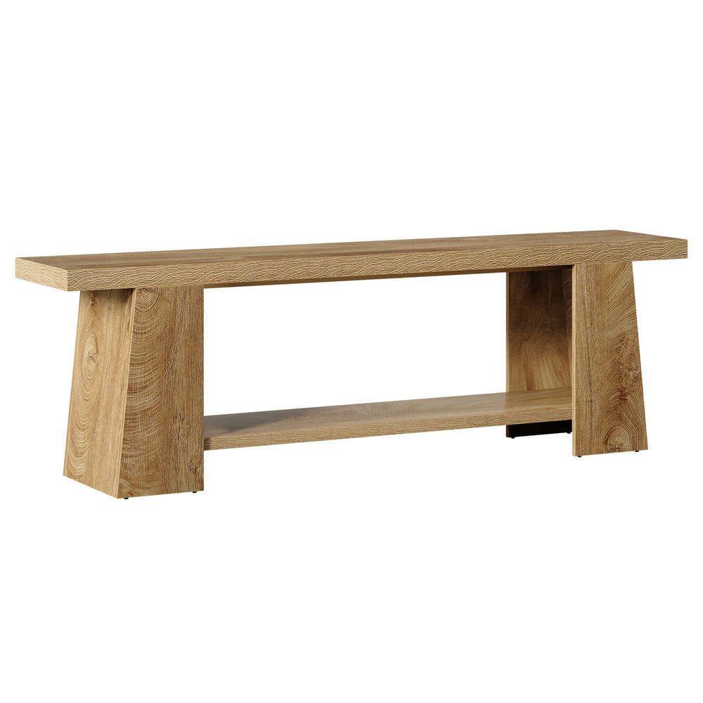 Front. Kadyn - 59-Inch 2-Tier Entryway Bench with Storage Shelves, Extra Long Shoe Bench, Natural Wood - Brown.