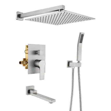 Front. Boyel Living - Wall Mount Single Handle Tub and Shower Faucet with Fixed Shower in Brushed Nickel 12 Inch Valve Included - Brushed Nickel.