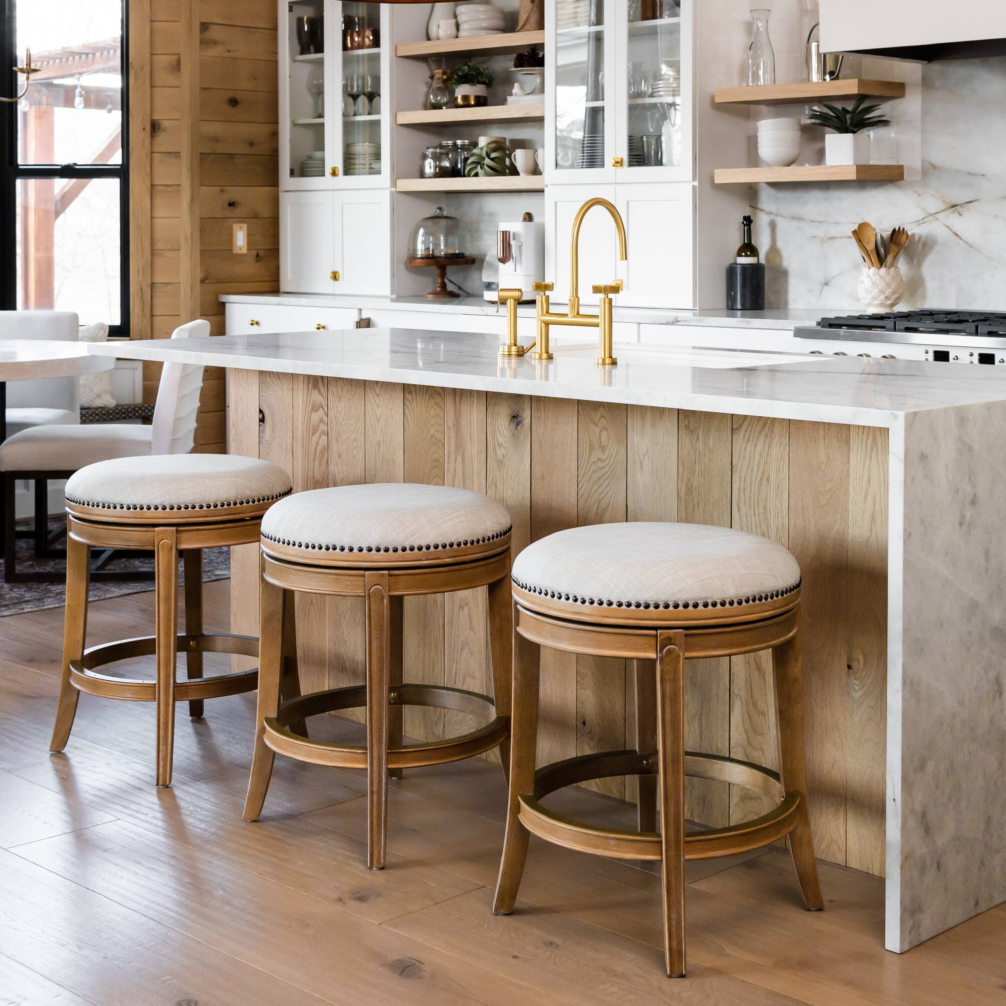 Left. Maven Lane - 26" Alexander Backless Counter Stool in Weathered Oak Finish with Fabric Upholstery - Weathered Oak.