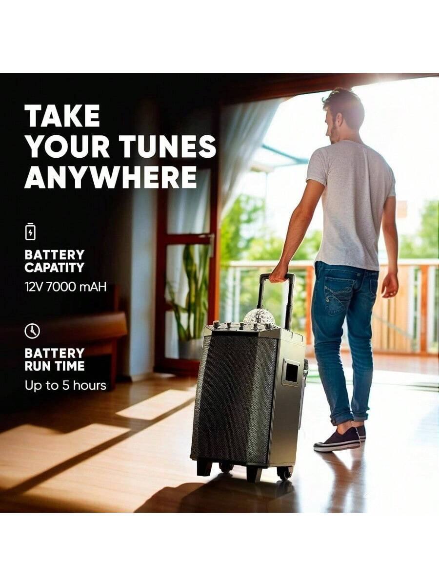 TAKE YOUR TUNES ANYWHERE

BATTERY CAPACITY  
12V 7000 mAH

BATTERY RUN TIME  
Up to 5 hours