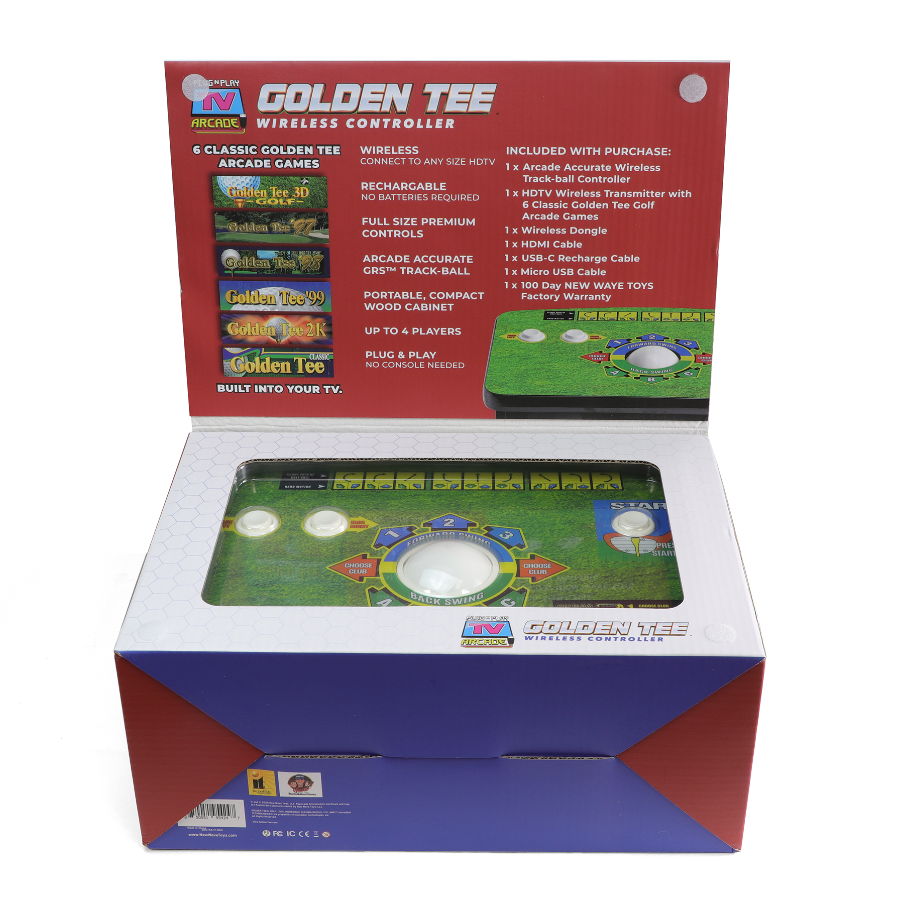 HPLAY N GOLDEN TEE ARCADE WIRELESS CONTROLLER 6 CLASSIC GOLDEN TEE WIRELESS INCLUDED WITH PURCHASE: ARCADE GAMES CONNECT TO ANY SIZE HDIV 1 x Arcade Accurate Wireless Track-ball Controller RECHARGABLE Colden Tee 3D 1 x HDTV Wireless Transmitter with NO BATTERIES REQUIRED COLF 4 Classic Golden Tee Golf Arcade Games FULL SIZE PREMIUM debiten Tee 1 x Wireless Dongle CONTROLS 1 K HDMI Cable ARCADE ACCURATE 1 x USB-C Recharge Cable Gakan 20 2 GRSH TRACK-BALL 1 x Micro USB Cable I x 100 Day NEW WAYE TOYS Golden Tee 99 PORTABLE, COMPACT Factory Warranty WOOD CABINET | Goldun Tte 2K UP TO 4 PLAYERS Cae PLUG & PLAY - - Golden Tee NO CONSOLE NEEDED : BUILT INTO YOUR TV.