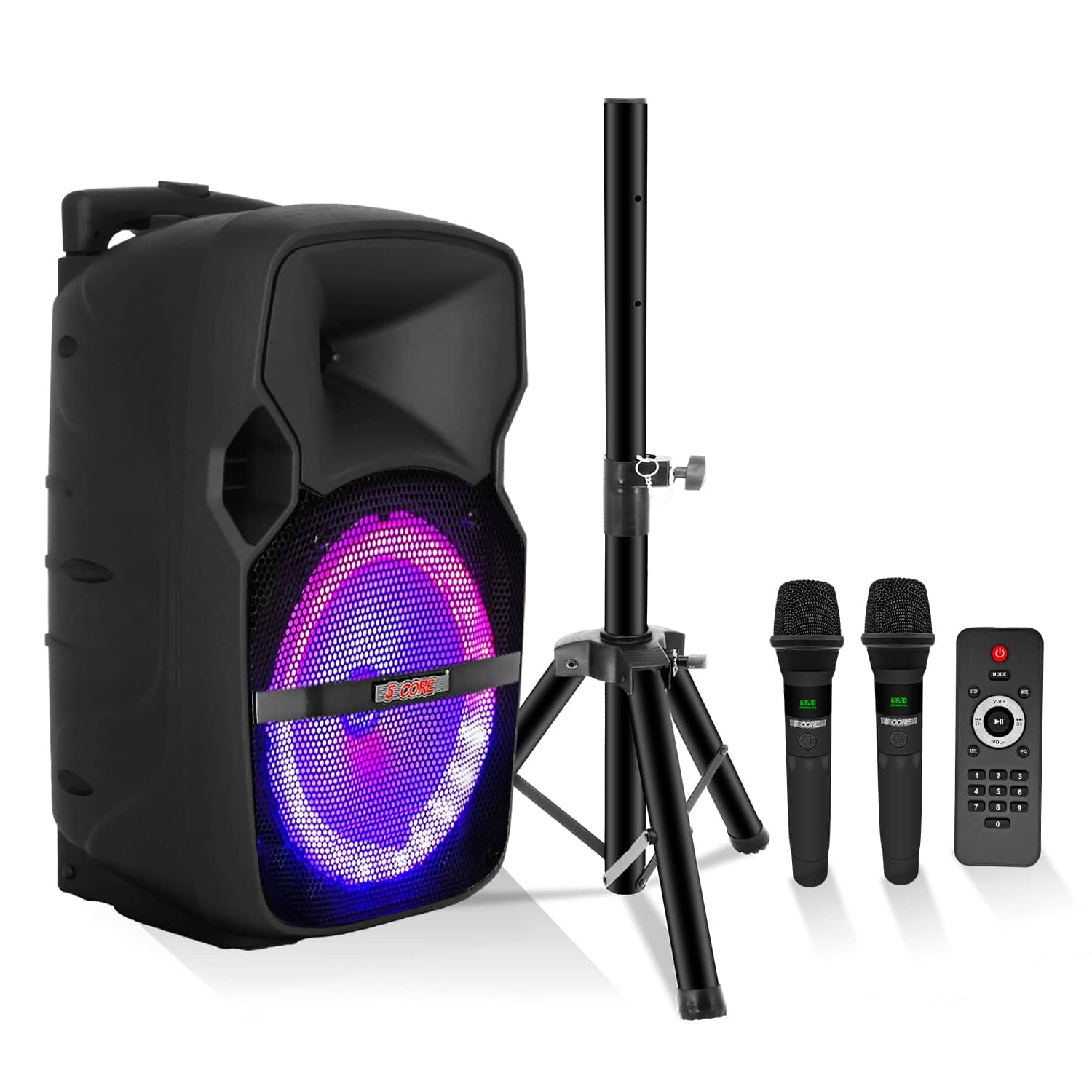 5 CORE - Party Speaker Bluetooth 400W Big Powered Rechargeable Outdoor PA DJ System w 2 Wireless Mics - Black