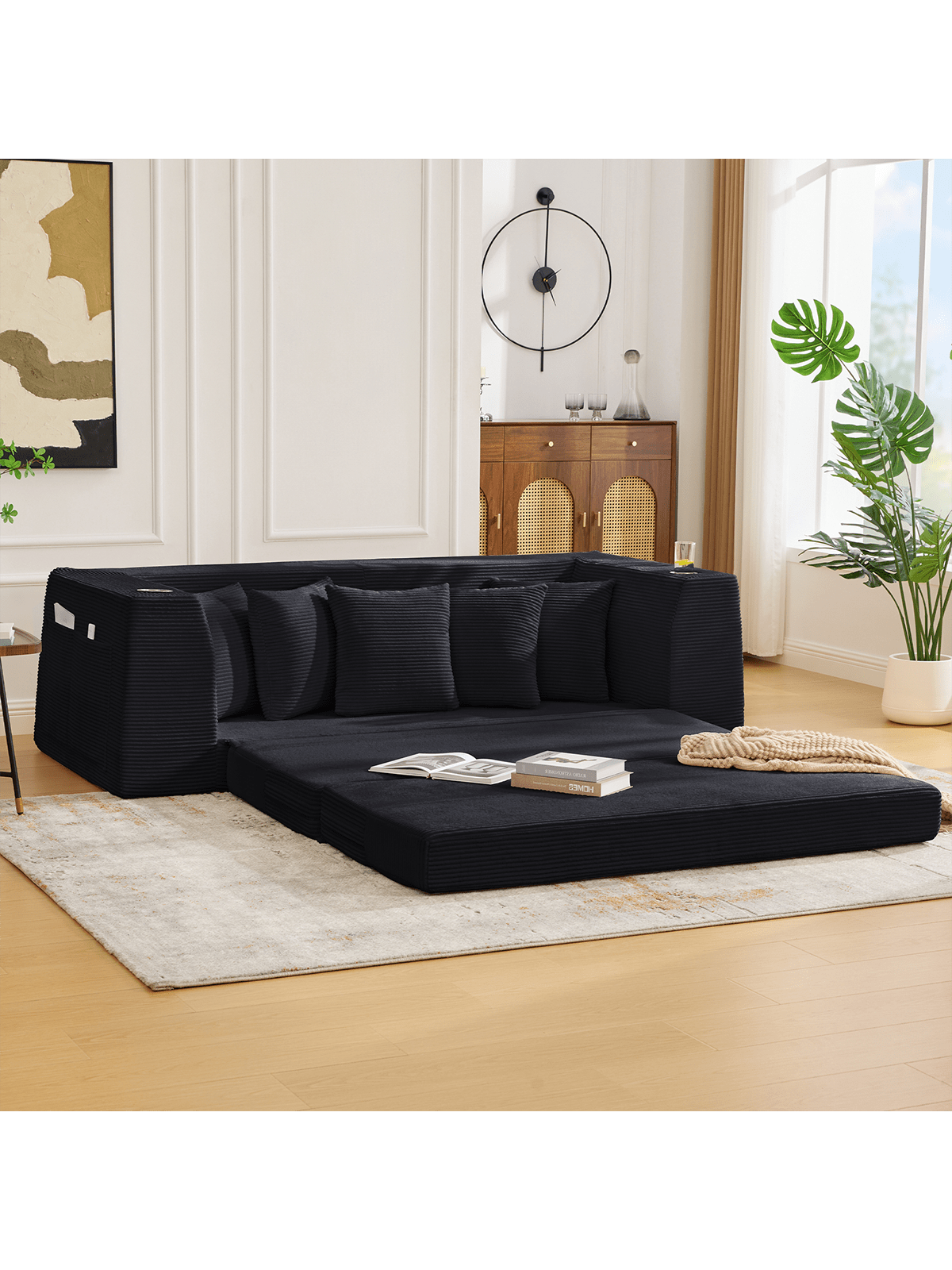 Alt View 2. Trinkets Crazed - 82.25" Convertible Sofa Bed, Loveseat Sleeper Sofa, 2 In 1 Sofa, Corduroy Pull Out Sofa Bed, 5 Pillows, Side Pocket - Black.