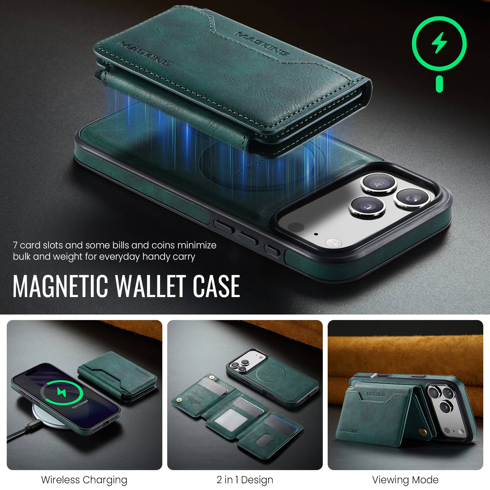 MAGRING MAGKING 7 card slots and some bills and coins minimize bulk and weight for everyday handy carry MAGNETIC WALLET CASE

70Cnea WOXE LUERA Wireless Charging 2 in 1 Design Viewing Mode