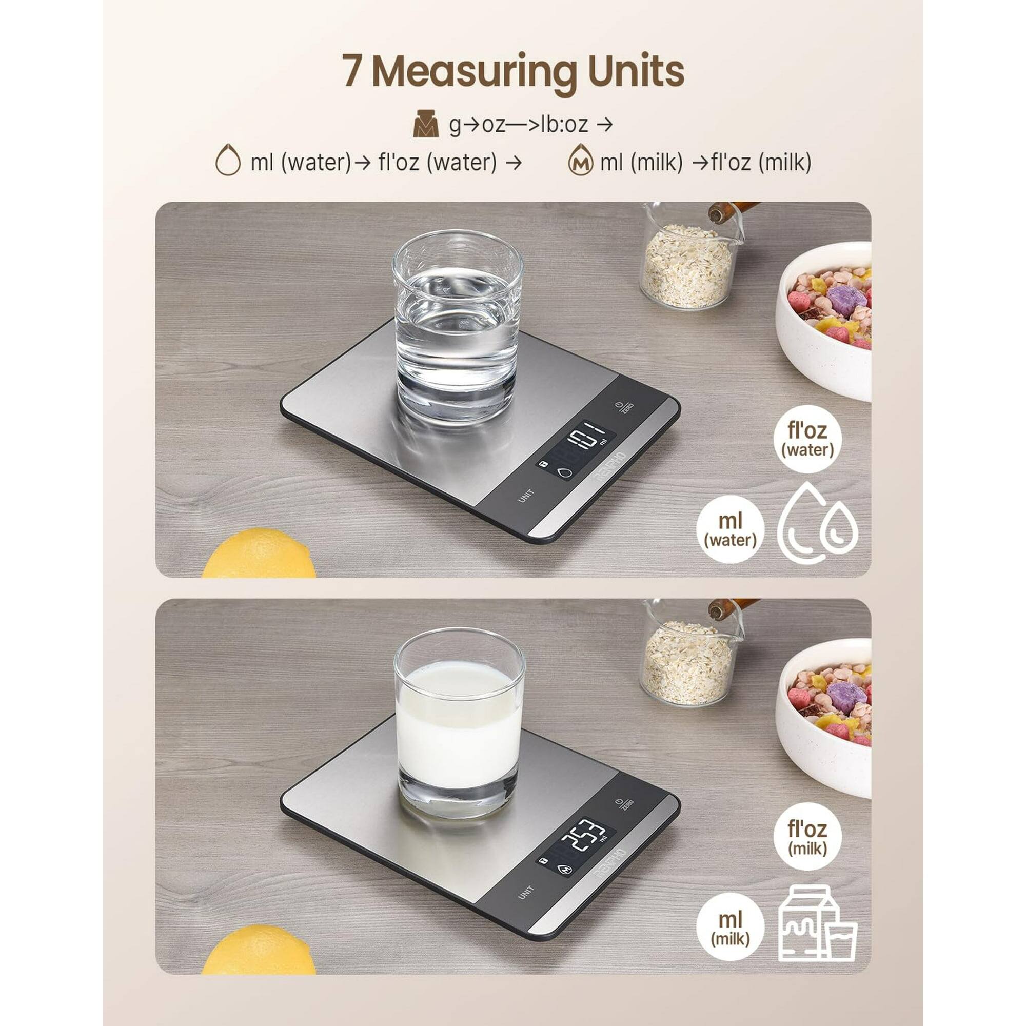 7 Measuring Units

g → oz → lb:oz

ml (water) → fl'oz (water)

ml (milk) → fl'oz (milk)