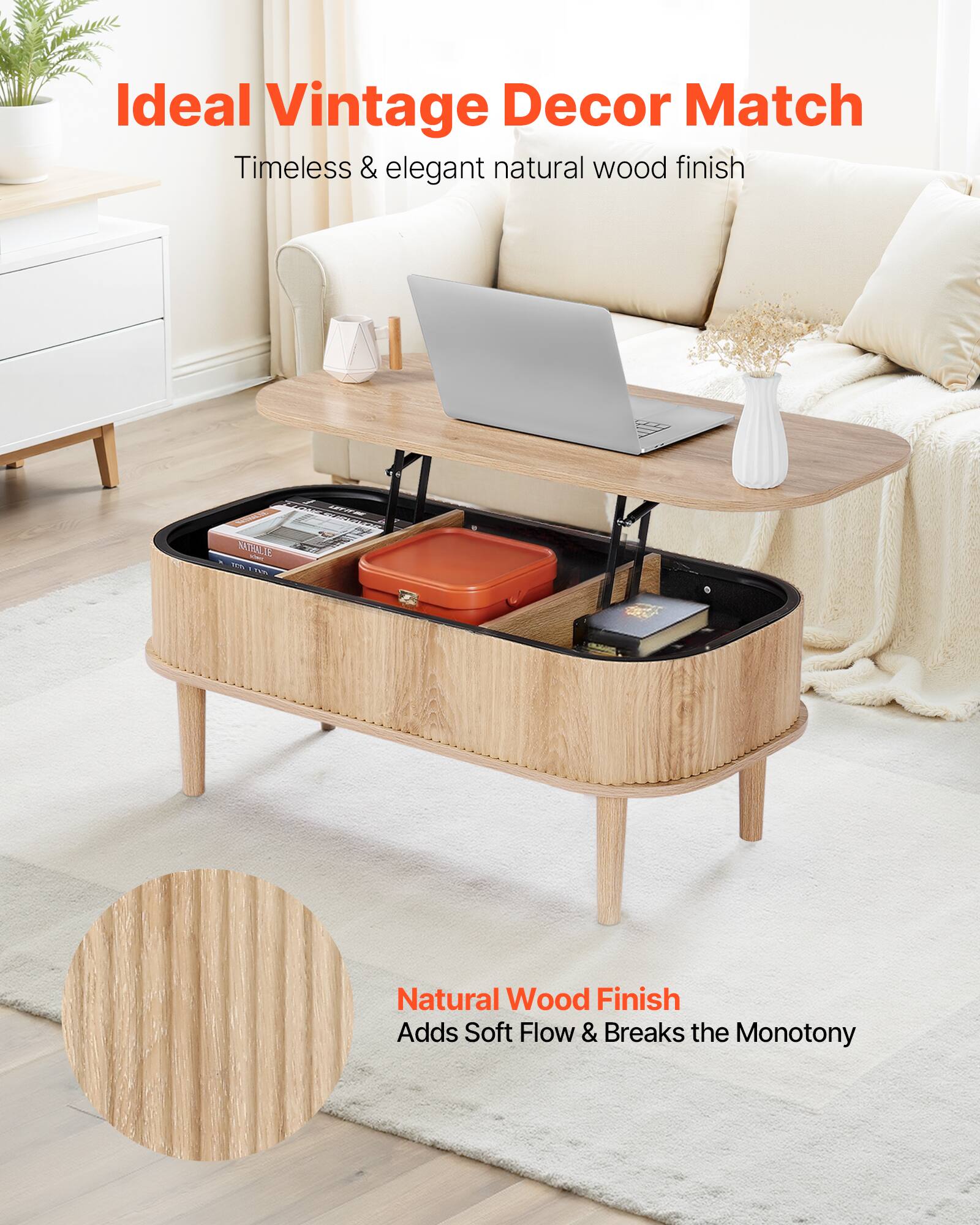 VEVOR - 39.4 in Lift Top Coffee Table, Fluted Oval Coffee Table with 3 Hidden Compartment, Mid Century Wooden Oval Center Desk - Natural Wood - Thumbnail 2