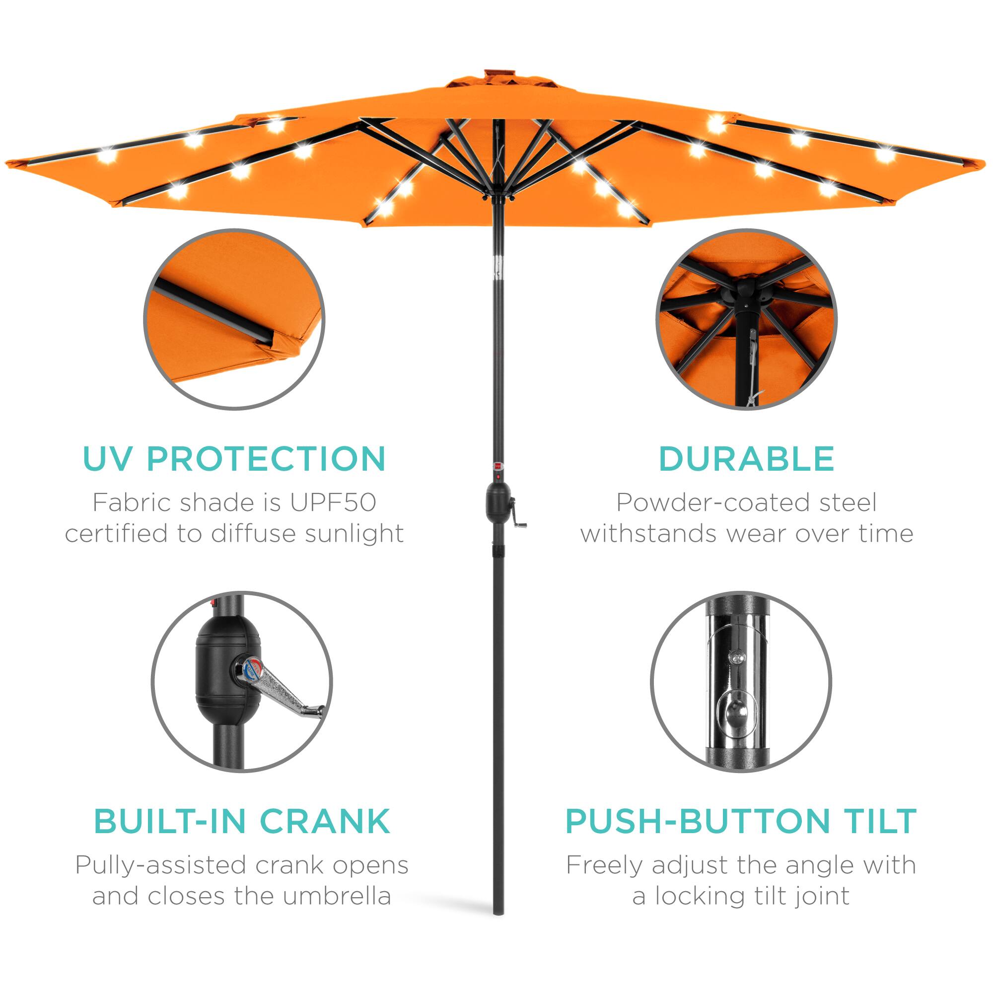 UV Protection: Fabric shade is UPF50 certified to diffuse sunlight.  
Durable: Powder-coated steel withstands wear over time.  
Built-in Crank: Pulley-assisted crank opens and closes the umbrella.  
Push-button Tilt: Freely adjust the angle with a locking tilt joint.