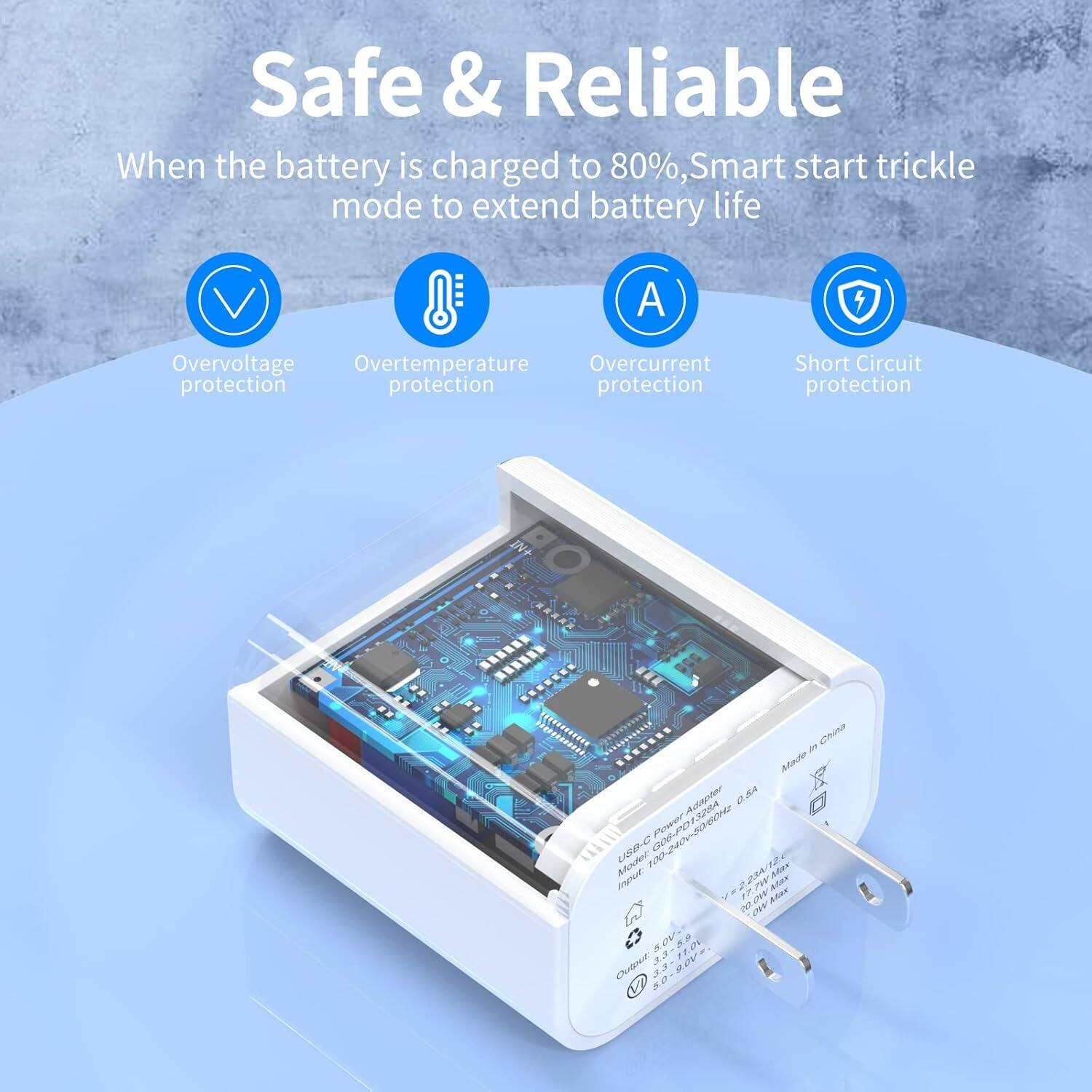 Safe & Reliable

When the battery is charged to 80%, Smart start trickle mode to extend battery life

Overvoltage protection
Overtemperature protection
Overcurrent protection
Short Circuit protection

CA - ARA 3A
Adapter U2o al 0-240020m0z Power Mocer UBB-C input 24/12 eT 2 AN
Ae T 2WF s0V 33 17.07 Ouirut 0