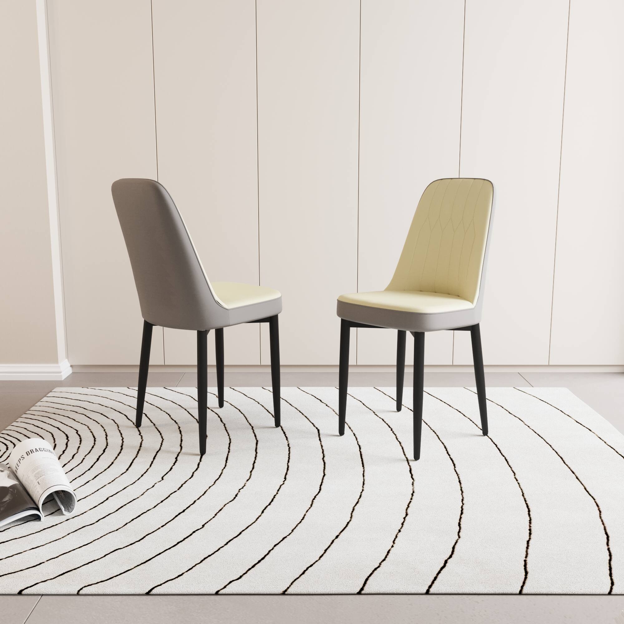 Back. Tiramisubest - Modern Style Dining Chair Set of 2 with Thick Cushions and Black Metal Legs in Beige and Grey PU Leather - Beige.