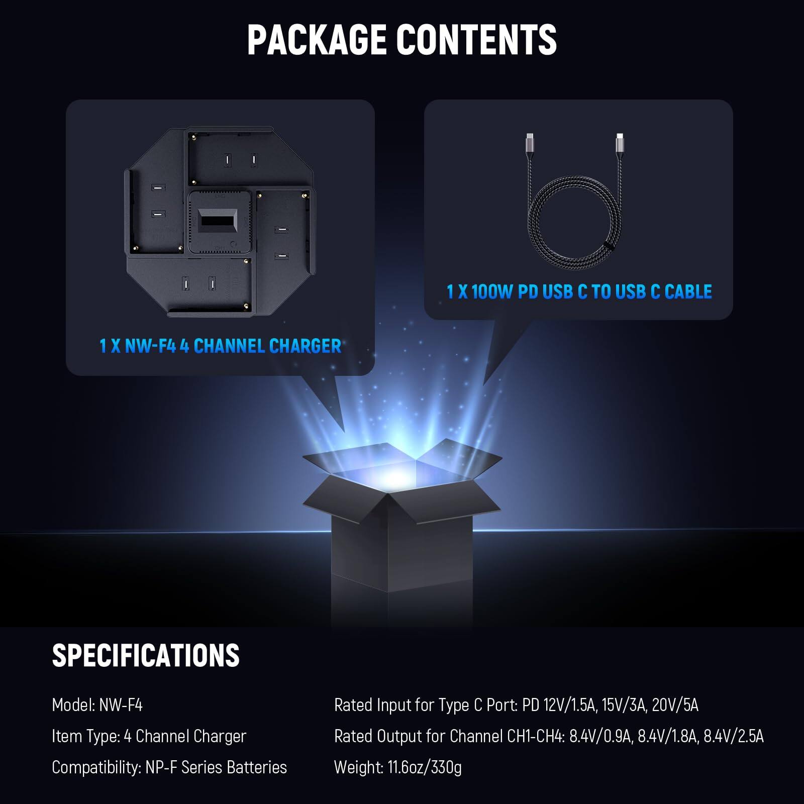 PACKAGE CONTENTS  
1 X 100W PD USB C TO USB C CABLE  
1 X NW-F4 4 CHANNEL CHARGER  

SPECIFICATIONS  
Model: NW-F4  
Item Type: 4 Channel Charger  
Compatibility: NP-F Series Batteries  
Rated Input for Type C Port: PD 12V/1.5A, 15V/3A, 20V/5A  
Rated Output for Channel CH1-CH4: 8.4V/0.9A, 8.4V/1.8A, 8.4V/2.5A  
Weight: 11.6oz/330g