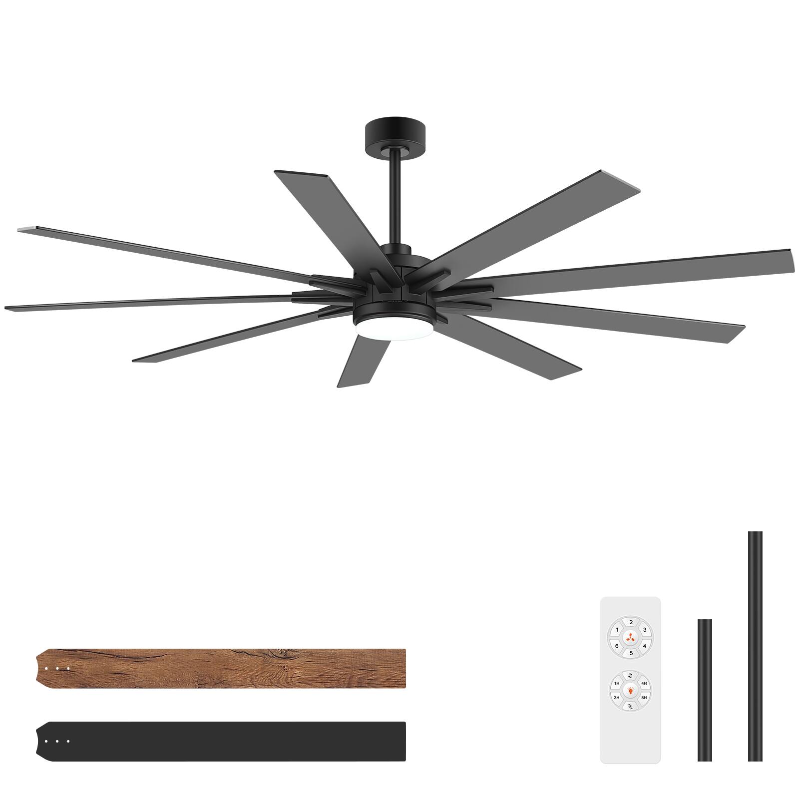 Angle. Breezary - 72/84 Inch LED Ceiling Fan, 9 Blades, 24W LED Light, DC Motor, 6 Speeds, Memory Function, Timer, Remote & Downrod Mount - 72-in Black.