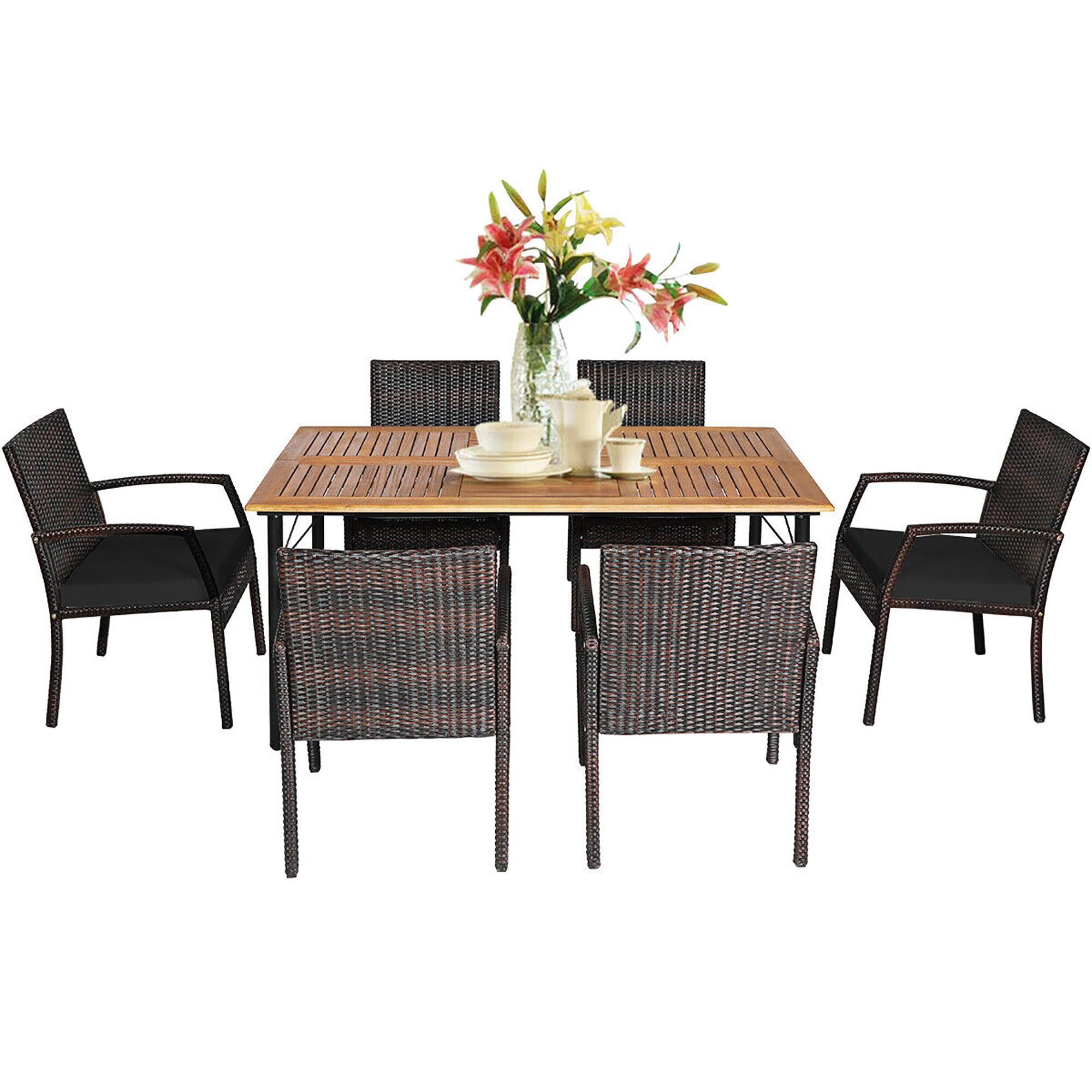 Alt View 5. Gymax - Gymax 7PCS Patio Dining Furniture Set Yard w/ Wooden Tabletop Black Cushions - Black.
