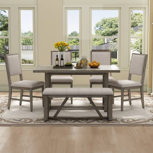 Alt View 2. LUCKY ONE - 6-Piece Retro Dining Set with 60" Rectangular Dining Table, Bench and 4 Chairs - Gray.