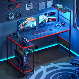 RSPGAME - 57.4'' Gaming Desk with Power Outlet LED Lights Reversible Computer Desk with Shelf Holder & Hook, Gaming Table for Home - Black & Red