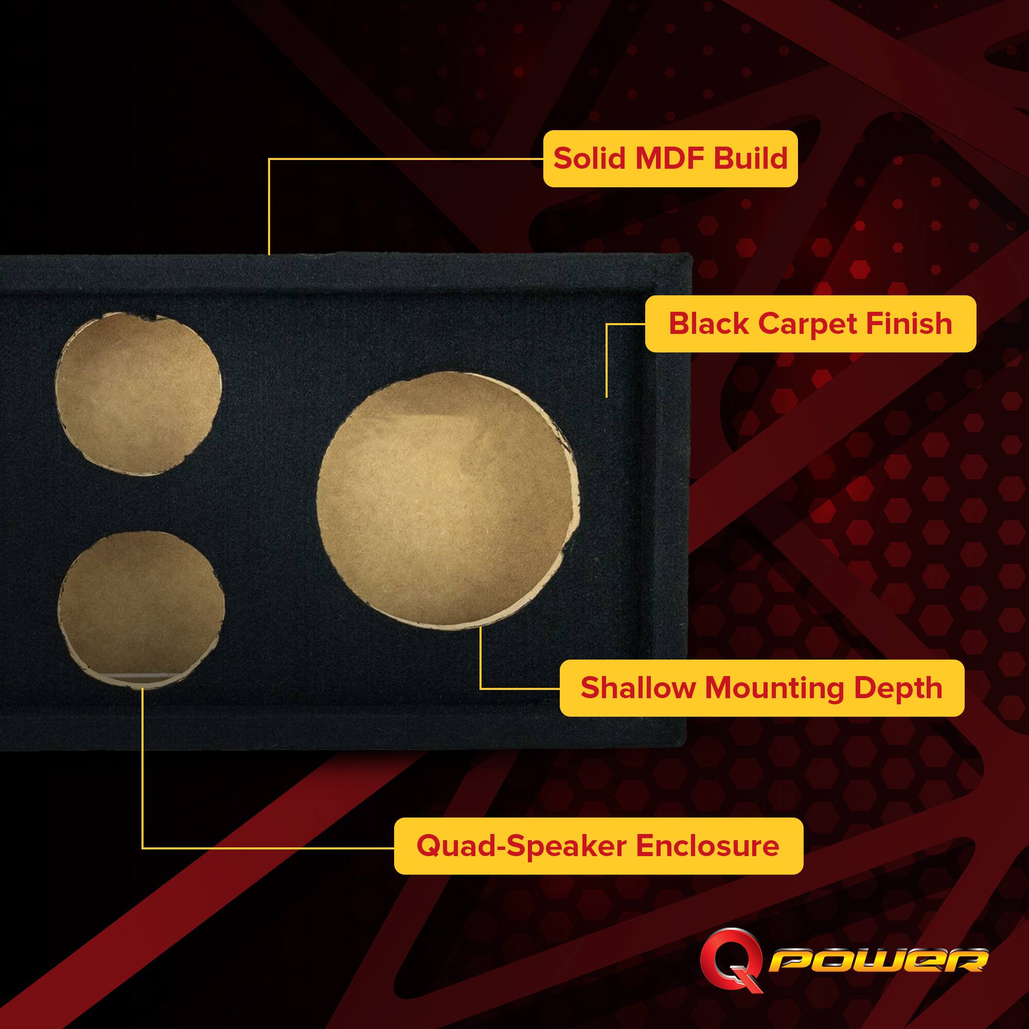 Solid MDF Build  
Black Carpet Finish  
Shallow Mounting Depth  
Quad-Speaker Enclosure  
Q POWER